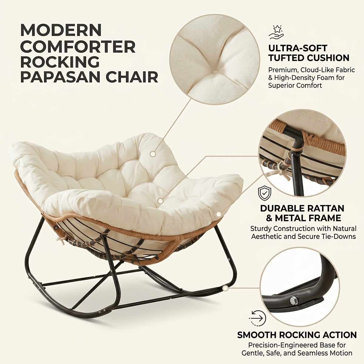 Outdoor Papasan Rocking Chair, Oversized Padded Lounge Rocker with Cushion, Comfy Wicker Egg Lounge Chair, Large Outdoor Rocking Recliner for Garden, Patio(Outdoor Only