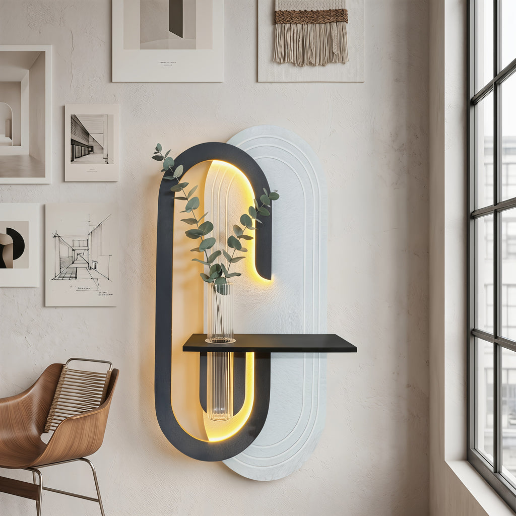 Hand-polished Textured LED Wall Art, Integrated with a Shelf and Vase | Exclusive Design Crafted Specifically for Art-modern Style Interior Design | Minimalist LED Wall Sculpture with a Floating Planter Shelf | Unique Geometric Decor That Elevates