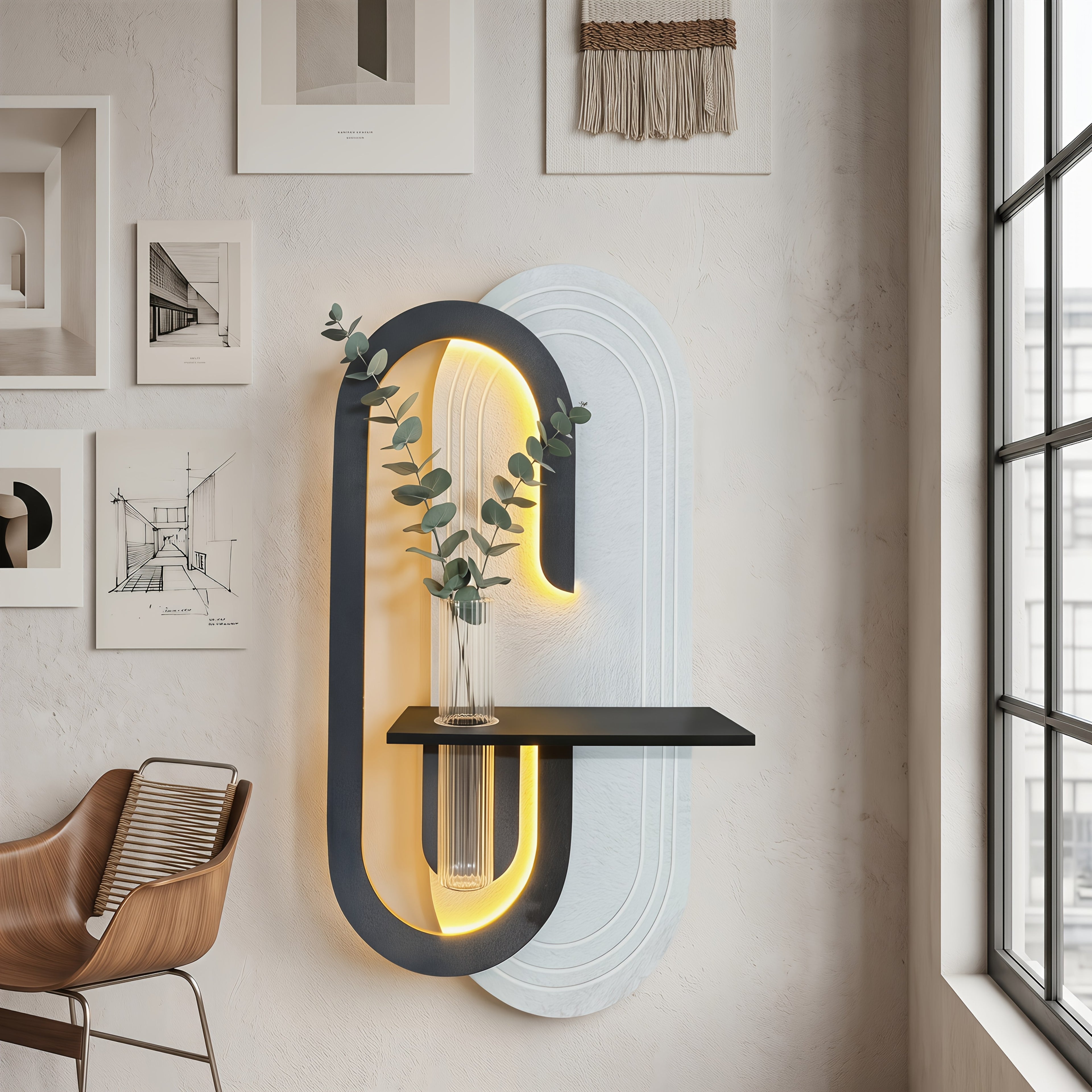 Hand-polished Textured LED Wall Art, Integrated with a Shelf and Vase | Exclusive Design Crafted Specifically for Art-modern Style Interior Design | Minimalist LED Wall Sculpture with a Floating Planter Shelf | Unique Geometric Decor That Elevates