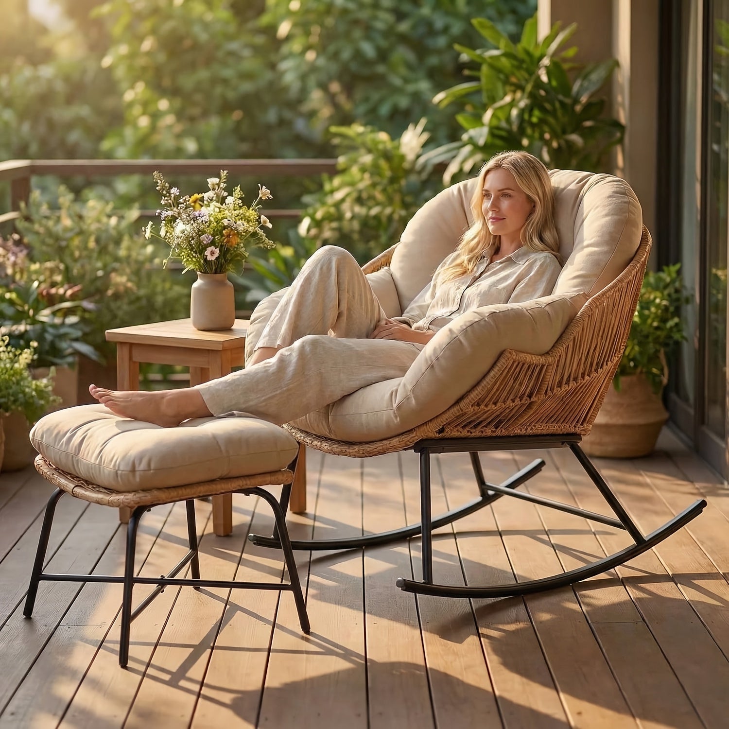 Oversized Papasan Rocking Chair with Footstool, Outdoor Patio Cushioned Lounge Chair for Decks, Gardens, Patios, And Camping. Outdoor Patio Furniture. Chair Supports 400 Lbs, Footstool Supports 220 Lbs. Outdoor Patio Furniture