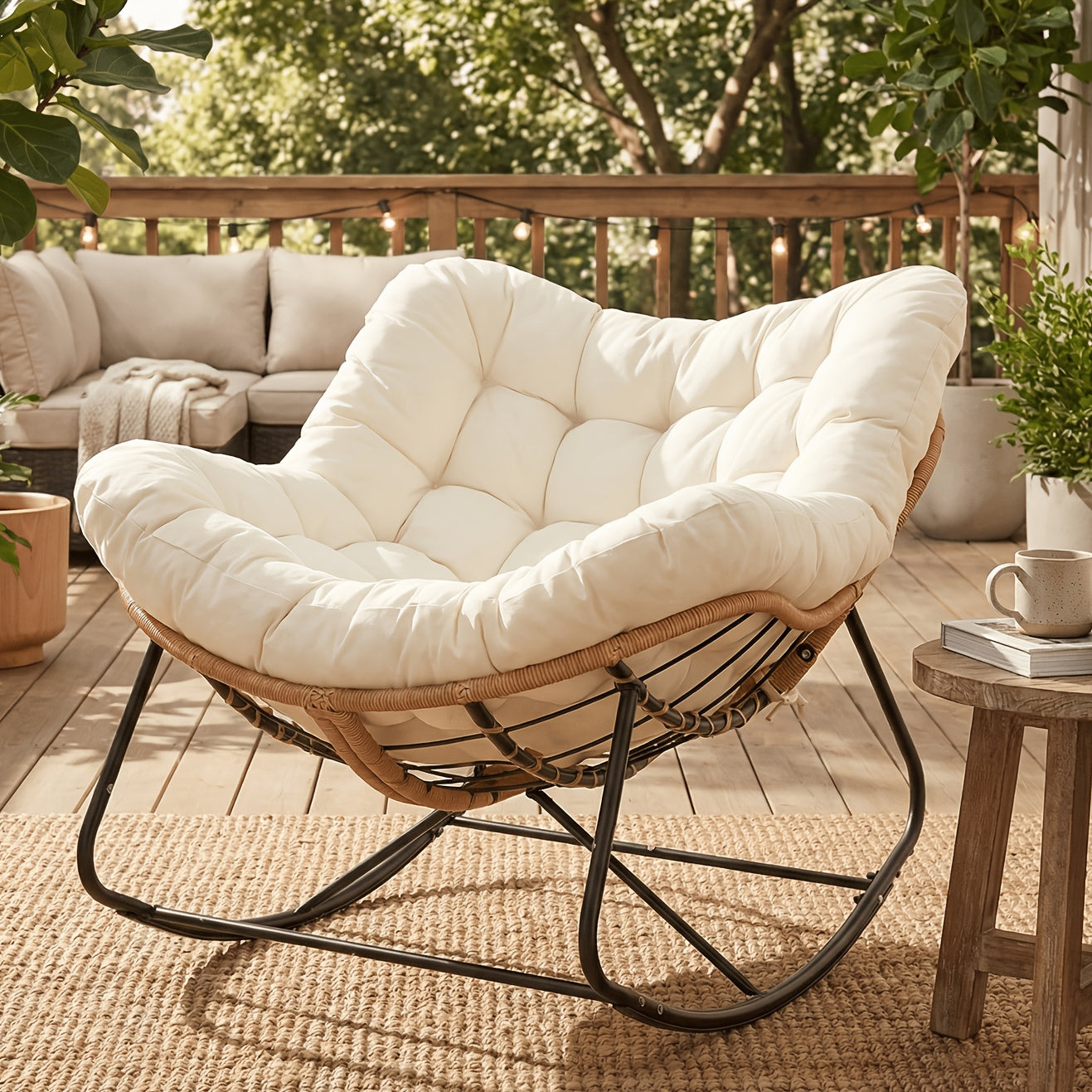 Outdoor Papasan Rocking Chair, Oversized Padded Lounge Rocker with Cushion, Comfy Wicker Egg Lounge Chair, Large Outdoor Rocking Recliner for Garden, Patio(Outdoor Only