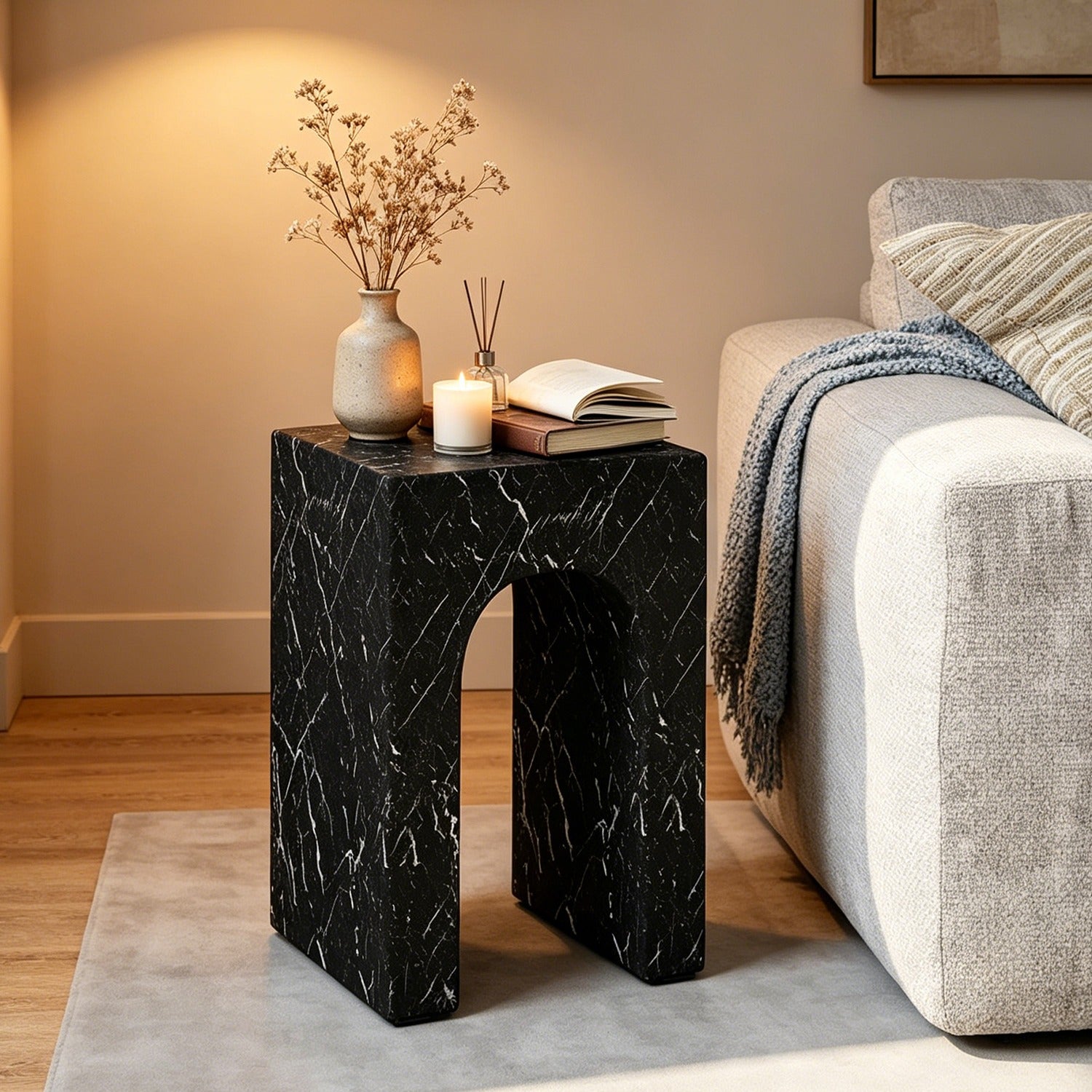 No Assembly Required Modern Round Suitable for Rooms Hollow Arch Faux Marble Square Side Table - Engineered Cementitious Composites Veined Base, Suitable for Bathroom, Sturdy End Table for Living Room, Bedroom, Office Decor