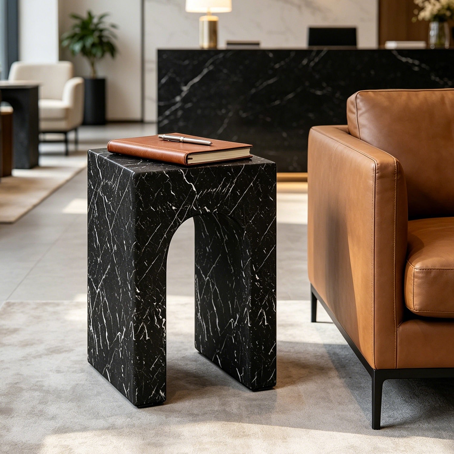 No Assembly Required Modern Round Suitable for Rooms Hollow Arch Faux Marble Square Side Table - Engineered Cementitious Composites Veined Base, Suitable for Bathroom, Sturdy End Table for Living Room, Bedroom, Office Decor