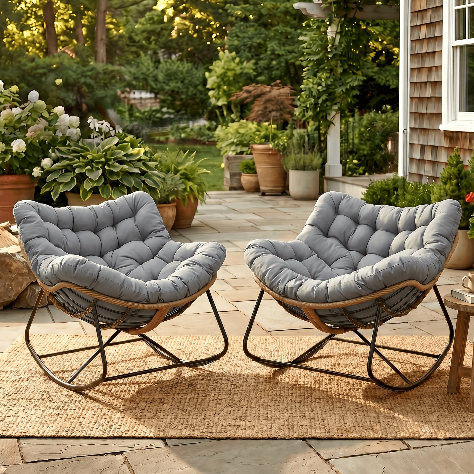 Outdoor Papasan Rocking Chair, Oversized Padded Lounge Rocker with Cushion, Comfy Wicker Egg Lounge Chair, Large Outdoor Rocking Recliner for Garden, Patio(Outdoor Only