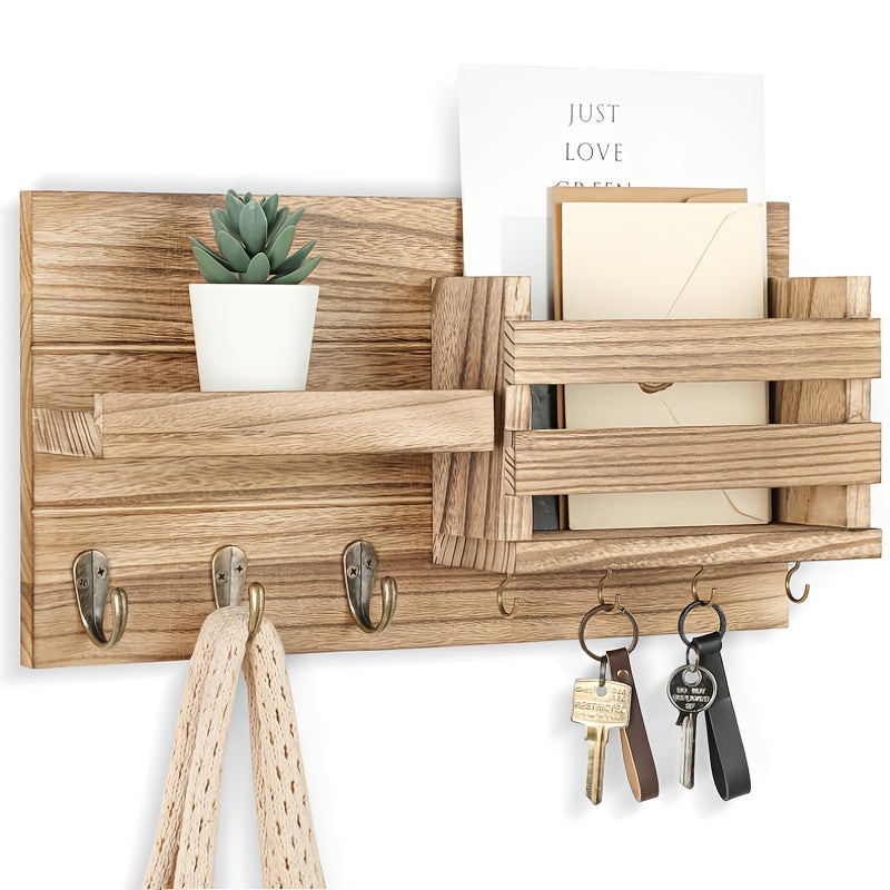 Rustic Wood Wall Mounted Storage Rack With Mailbox Slot - Door Handles And Decorative Hanging For Porch, Bedroom, Bathroom, Living Room With Multiple Hooks For Keys, Hats, Envelopes, Books, Floating Shelf