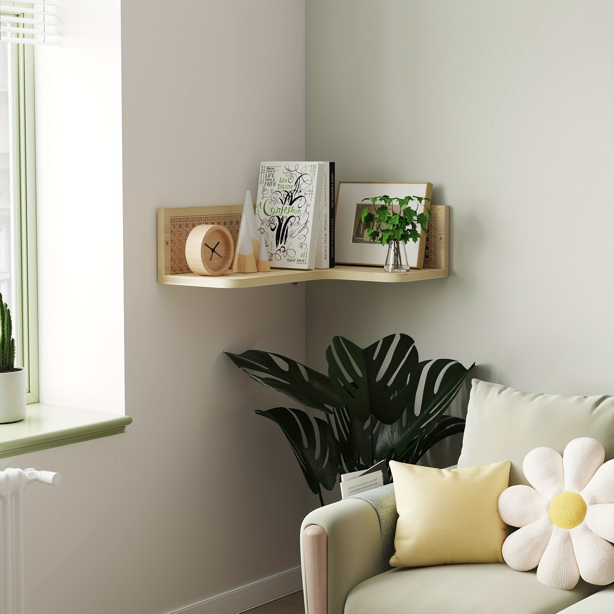 Corner Floating Shelves Made of Natural Pine Wood And Rattan, Perfect for a Bohemian-Style Bookshelf. This Wall-Mounted Wicker Corner Shelf Is Ideal for Your Bedroom, Bathroom, Or Living Room