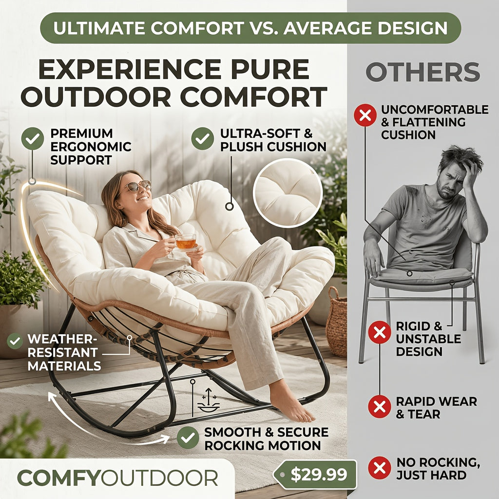 Outdoor Papasan Rocking Chair, Oversized Padded Lounge Rocker with Cushion, Comfy Wicker Egg Lounge Chair, Large Outdoor Rocking Recliner for Garden, Patio(Outdoor Only