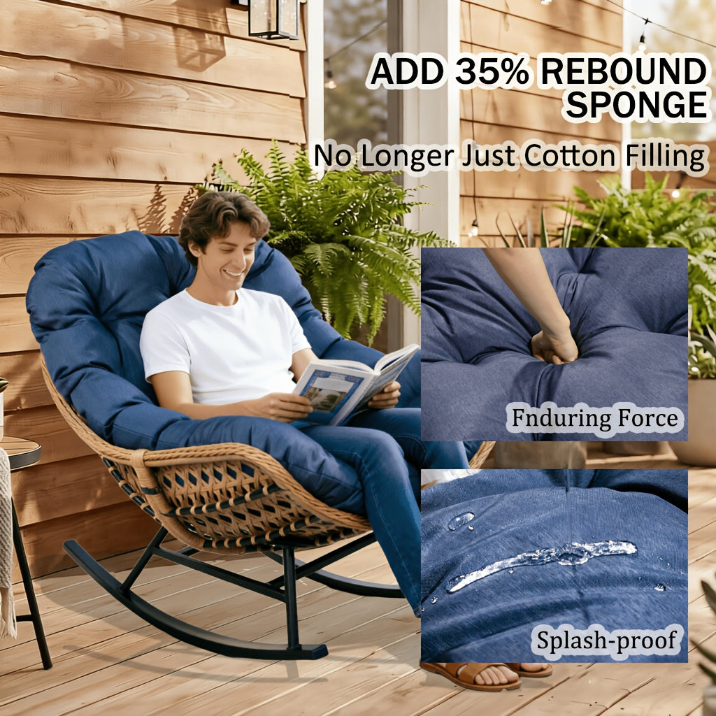 Papasan Full Rattan Rocking Chair with Sponge Cushion for Outdoor, Oversized Garden Patio Comfy Lounge Wicker Rocker Chair