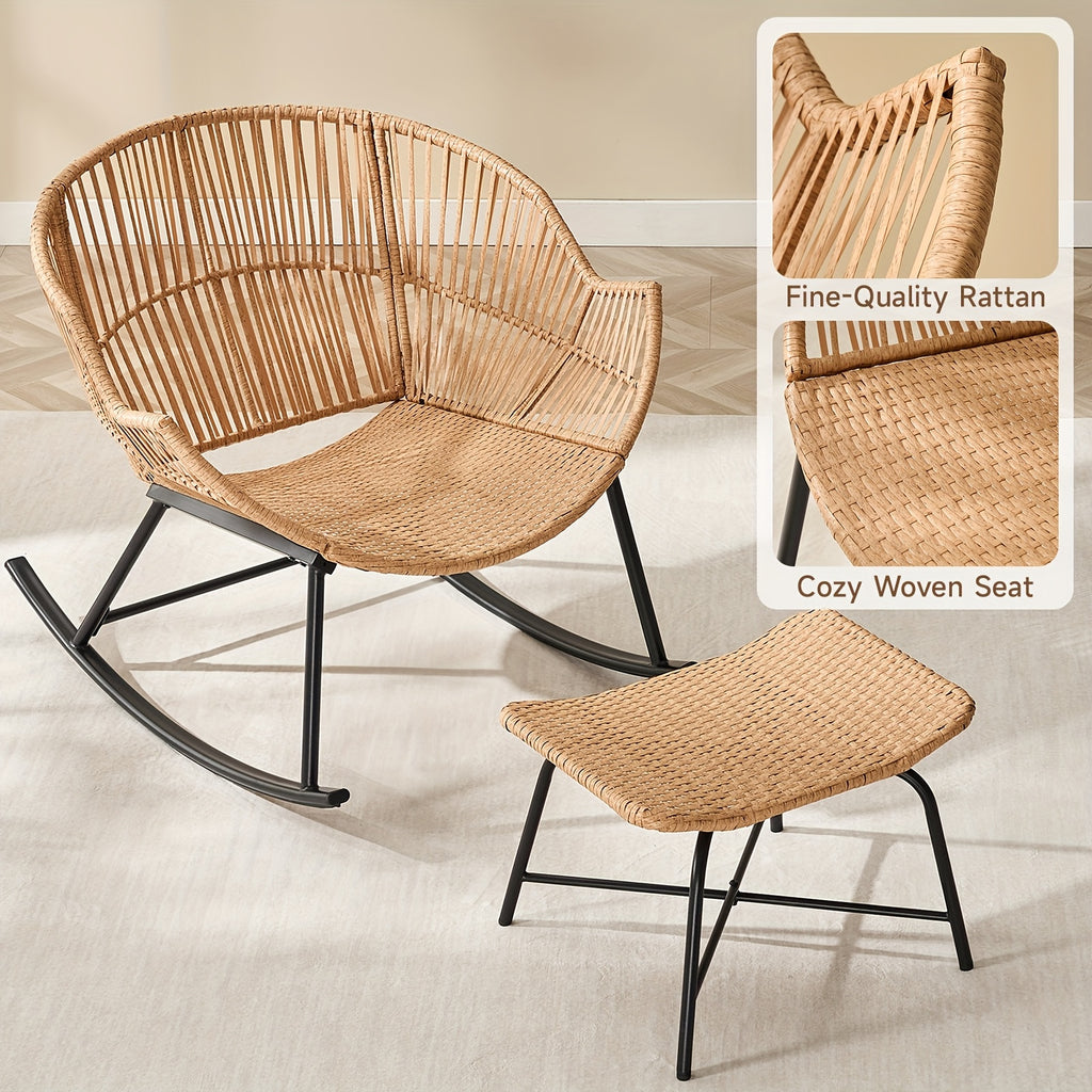 Oversized Papasan Rocking Chair with Footstool, Outdoor Patio Cushioned Lounge Chair for Decks, Gardens, Patios, And Camping. Outdoor Patio Furniture. Chair Supports 400 Lbs, Footstool Supports 220 Lbs. Outdoor Patio Furniture