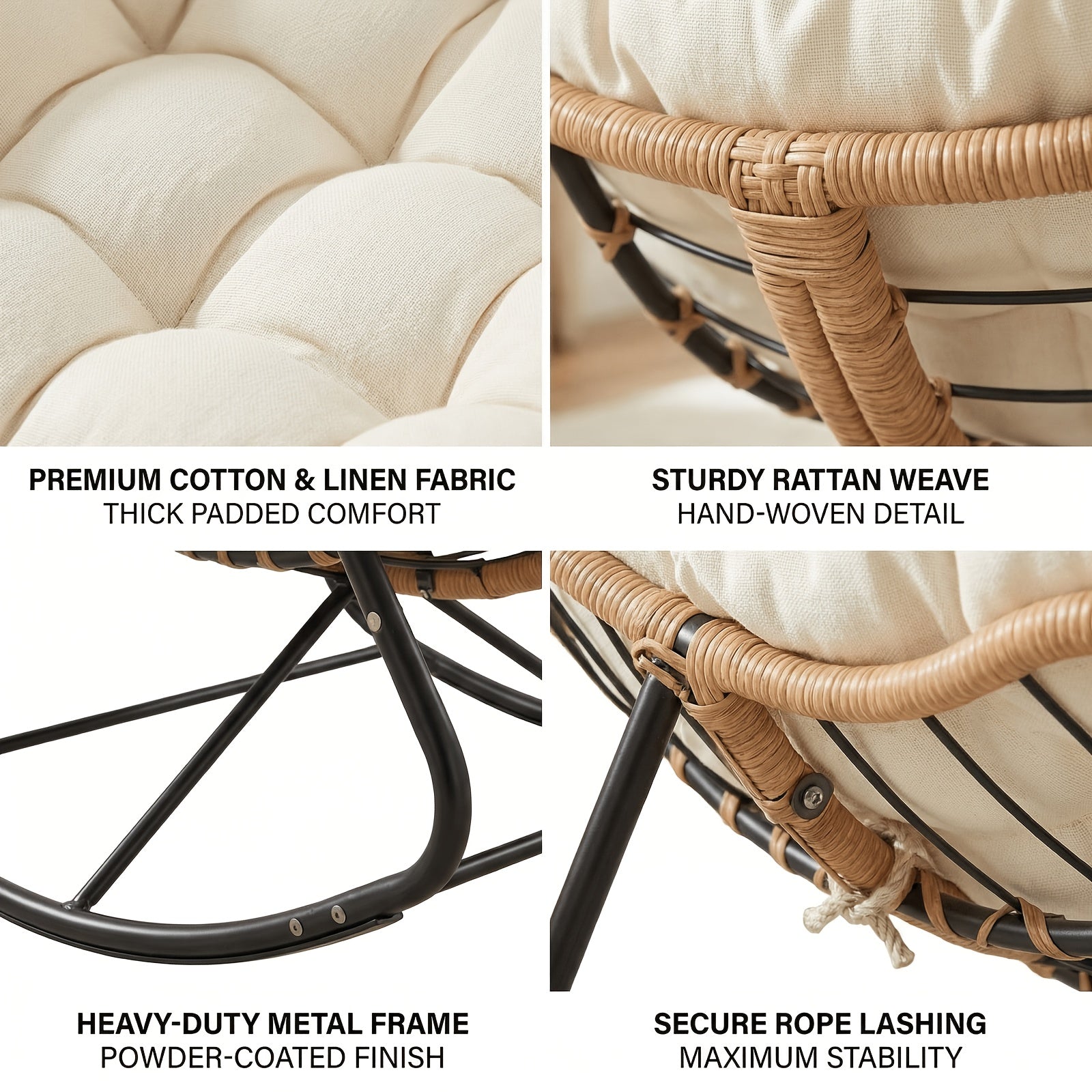 Outdoor Papasan Rocking Chair, Oversized Padded Lounge Rocker with Cushion, Comfy Wicker Egg Lounge Chair, Large Outdoor Rocking Recliner for Garden, Patio(Outdoor Only