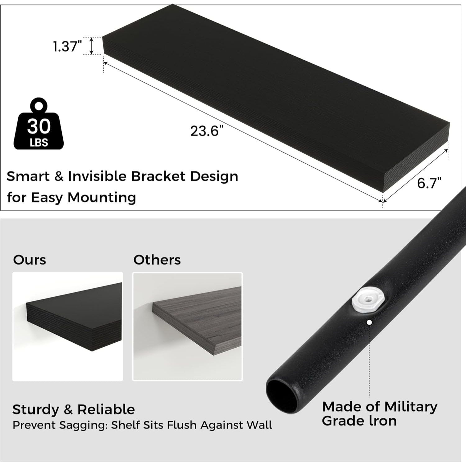 A 24-inch Wide X 6.7-inch Deep X 1.37-inch High Wall-mounted Shelf with an Invisible Bracket Made of Solid Wood Composite Material. Suitable for Decoration and Storage in Living Rooms, Bedrooms, Bathrooms, Offices and Kitchens. Available in Three Col