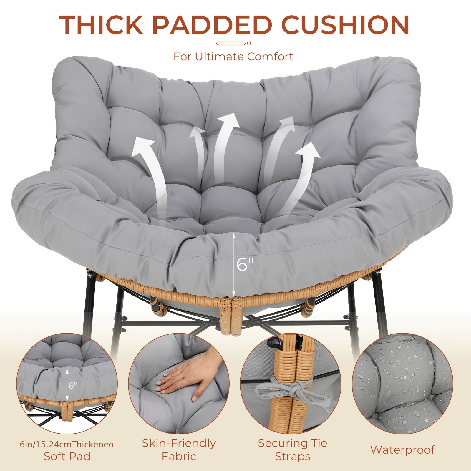 Outdoor Papasan Rocking Chair, Oversized Padded Lounge Rocker with Cushion, Comfy Wicker Egg Lounge Chair, Large Outdoor Rocking Recliner for Garden, Patio(Outdoor Only