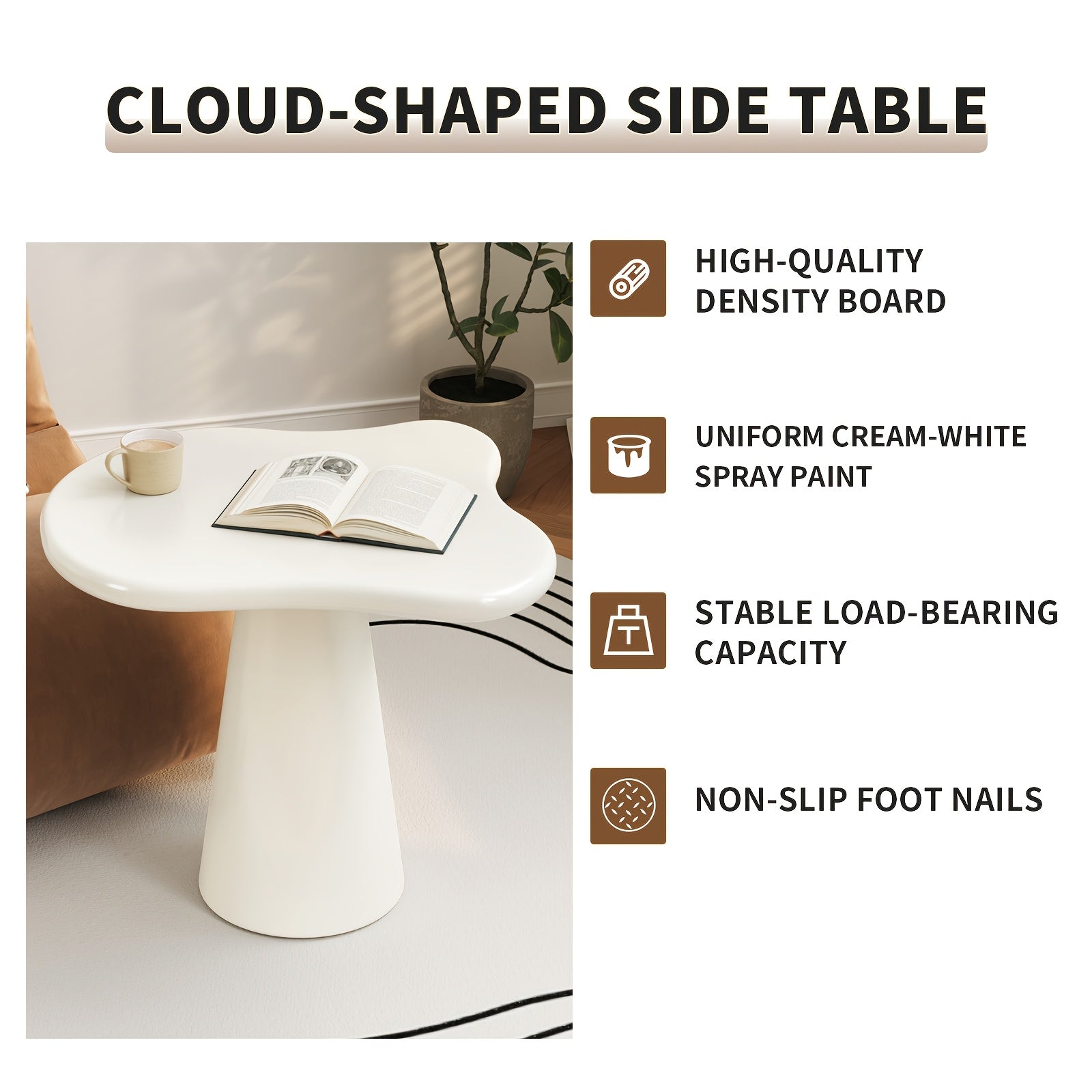 Cloud Shape Side Table, Irregular Cloud Small End Table with Cone Base, Cream White Accent Table for Living Room Bedroom Sofa Corner