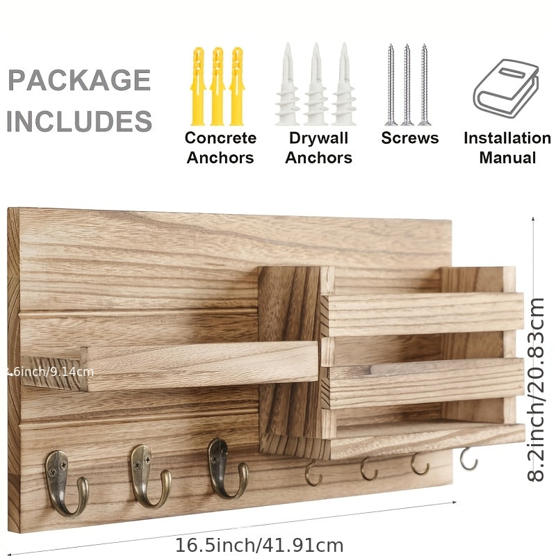 Rustic Wood Wall Mounted Storage Rack With Mailbox Slot - Door Handles And Decorative Hanging For Porch, Bedroom, Bathroom, Living Room With Multiple Hooks For Keys, Hats, Envelopes, Books, Floating Shelf