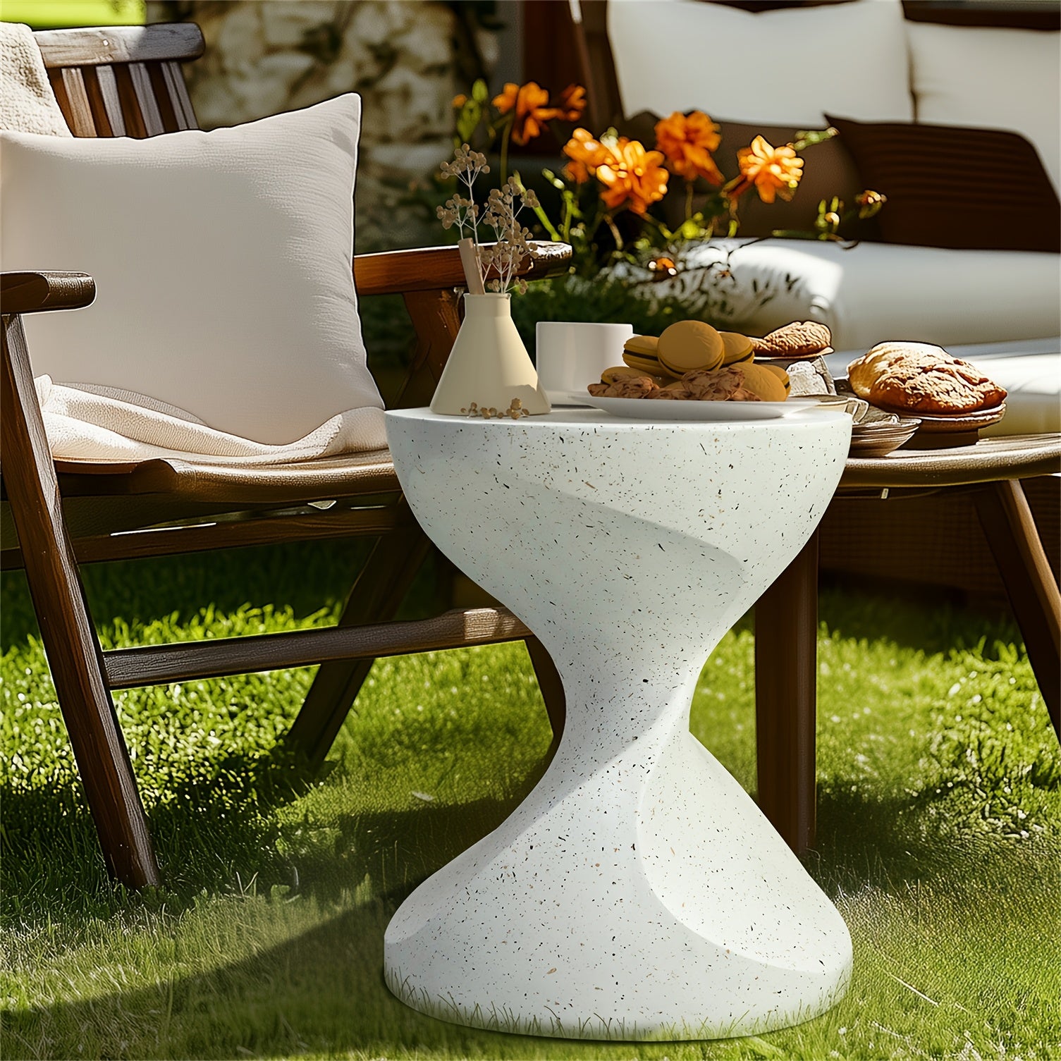 AESOME Hourglass Outdoor Side Table with Artificial Tabletop & Powder-Coated Frame - Portable Round Concrete Accent Table Suitable for Patio, Balcony, Pool, Garden, \u002FOutdoor Use, Modern Hourglass End Table for Coffee Table