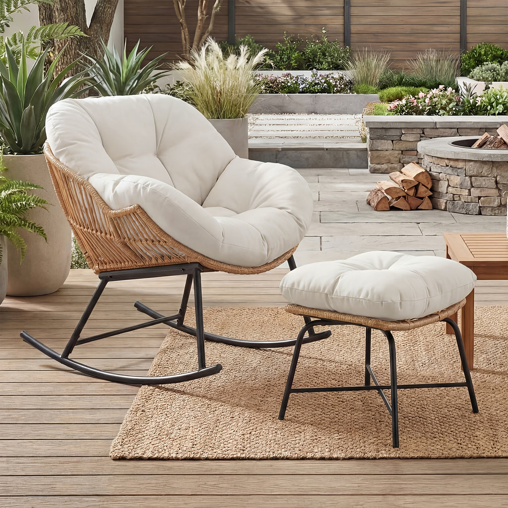 Oversized Papasan Rocking Chair with Footstool, Outdoor Patio Cushioned Lounge Chair for Decks, Gardens, Patios, And Camping. Outdoor Patio Furniture. Chair Supports 400 Lbs, Footstool Supports 220 Lbs. Outdoor Patio Furniture