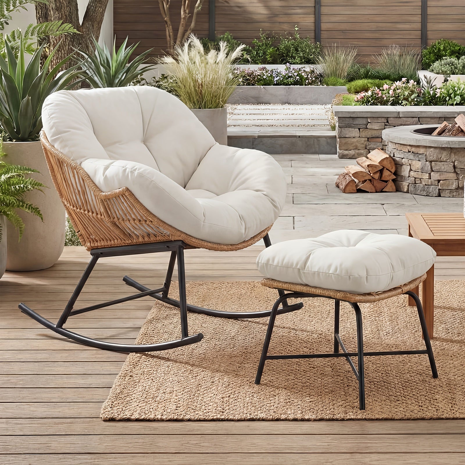 Oversized Papasan Rocking Chair with Footstool, Outdoor Patio Cushioned Lounge Chair for Decks, Gardens, Patios, And Camping. Outdoor Patio Furniture. Chair Supports 400 Lbs, Footstool Supports 220 Lbs. Outdoor Patio Furniture