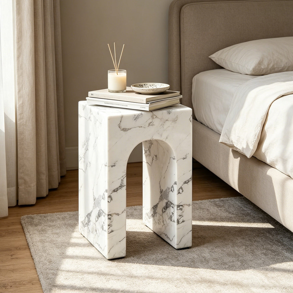 No Assembly Required Modern Round Suitable for Rooms Hollow Arch Faux Marble Square Side Table - Engineered Cementitious Composites Veined Base, Suitable for Bathroom, Sturdy End Table for Living Room, Bedroom, Office Decor