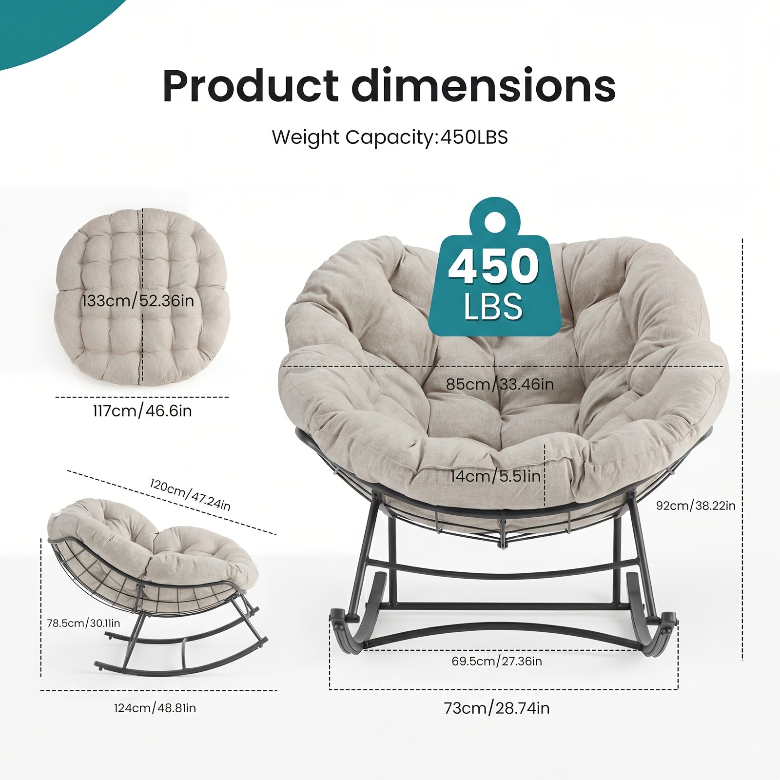 Outdoor Rocking Chair, Patio Egg Chair, Comfy Oversized Papasan Chair with Padded Cushion Outdoor Solely