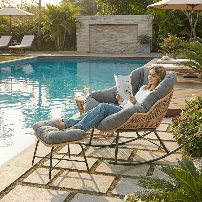 Oversized Papasan Rocking Chair with Footstool, Outdoor Patio Cushioned Lounge Chair for Decks, Gardens, Patios, And Camping. Outdoor Patio Furniture. Chair Supports 400 Lbs, Footstool Supports 220 Lbs. Outdoor Patio Furniture