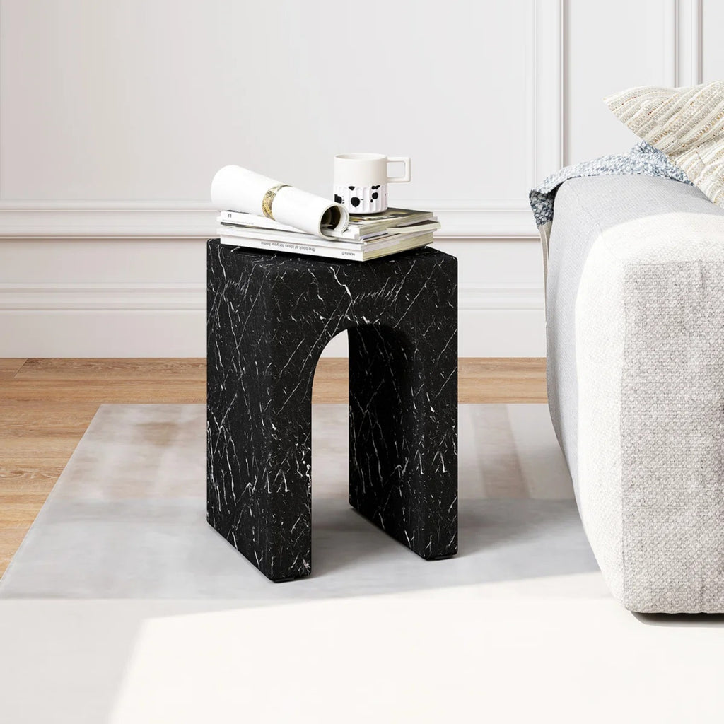 No Assembly Required Modern Round Suitable for Rooms Hollow Arch Faux Marble Square Side Table - Engineered Cementitious Composites Veined Base, Suitable for Bathroom, Sturdy End Table for Living Room, Bedroom, Office Decor