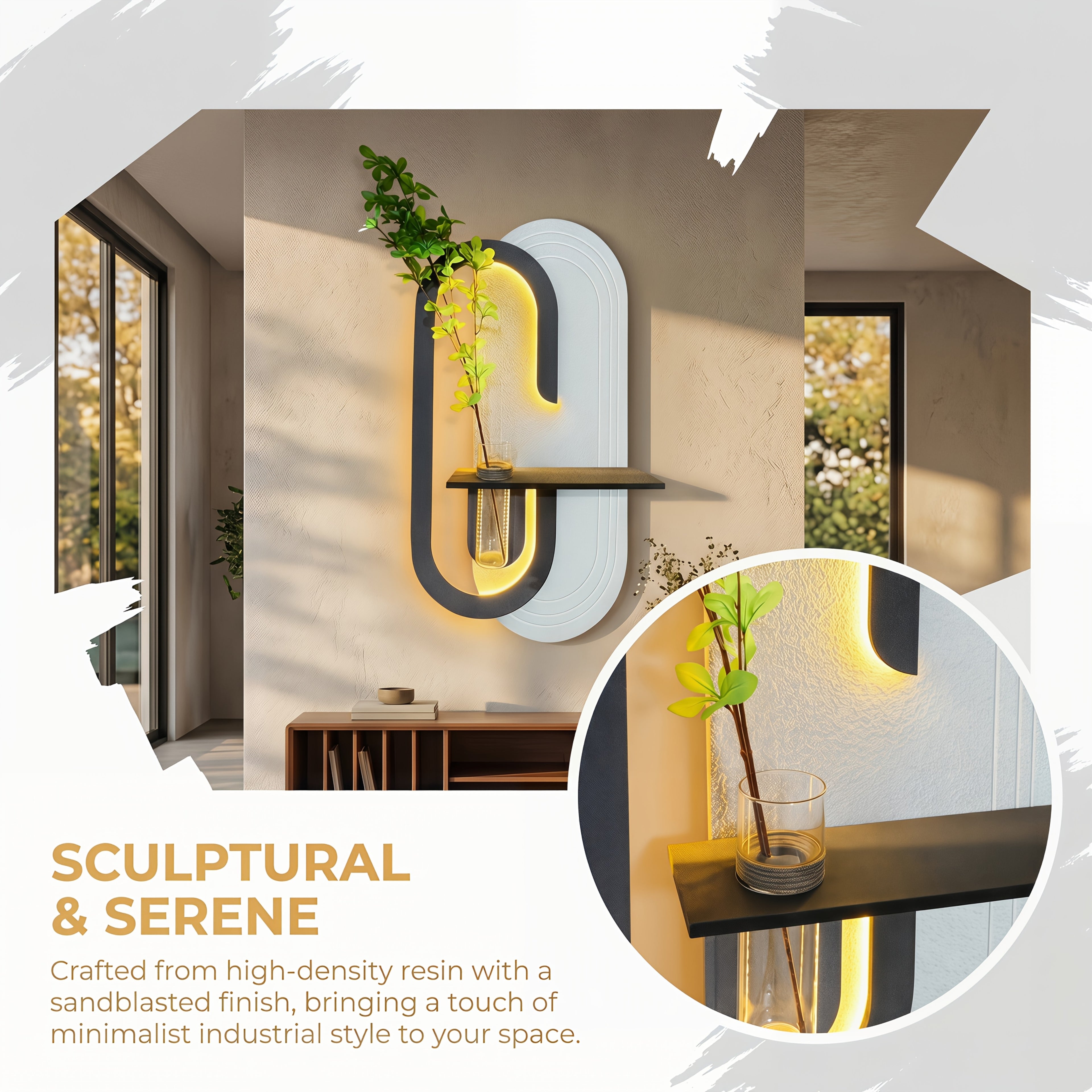Hand-polished Textured LED Wall Art, Integrated with a Shelf and Vase | Exclusive Design Crafted Specifically for Art-modern Style Interior Design | Minimalist LED Wall Sculpture with a Floating Planter Shelf | Unique Geometric Decor That Elevates