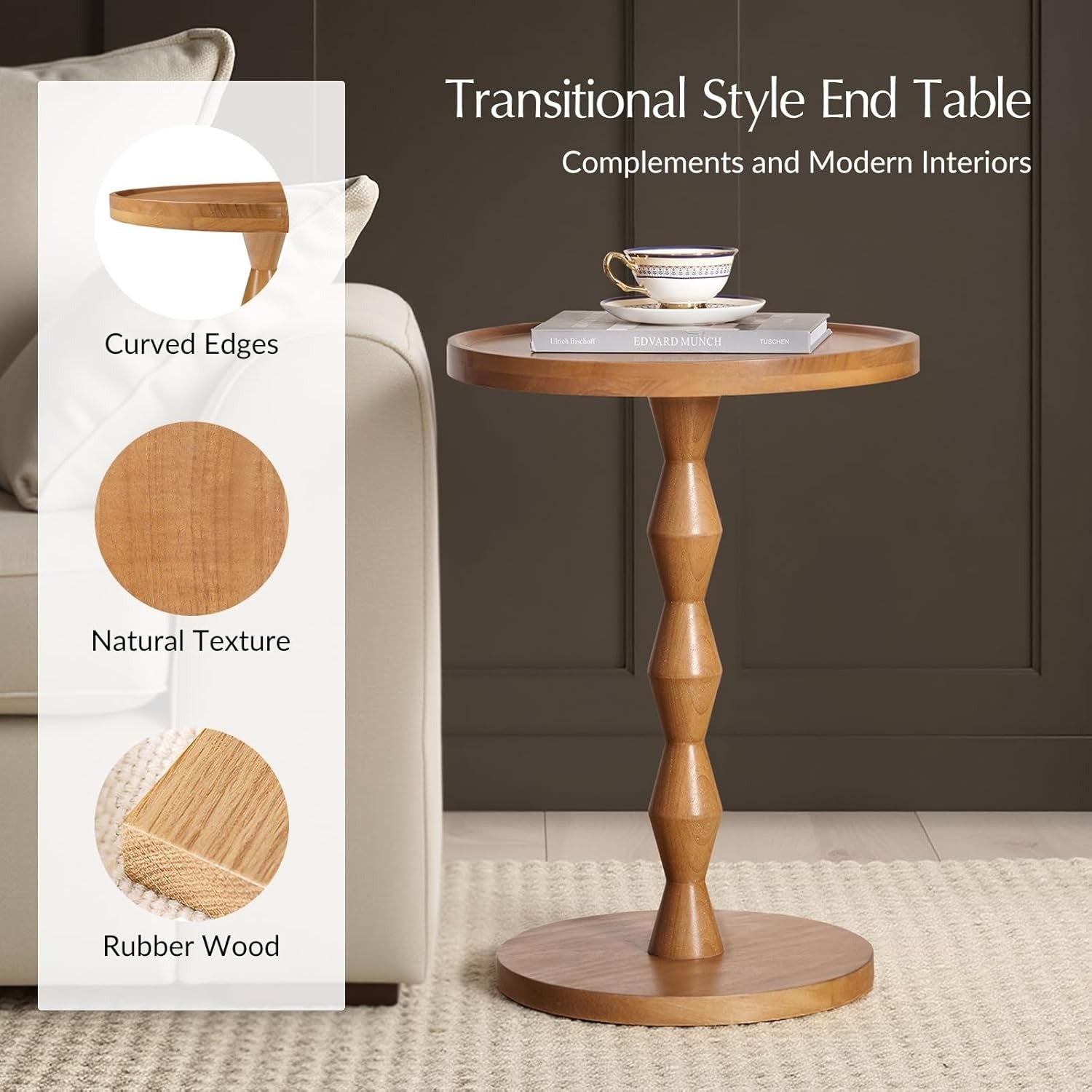 17' Solid Wood Round Side Table, Small Accent Drink Table with Wooden Base, Vintage Coffee Table for Small Spaces, Pedestal End Tables for Living Room, Bedroom, Corners, Office, Patio