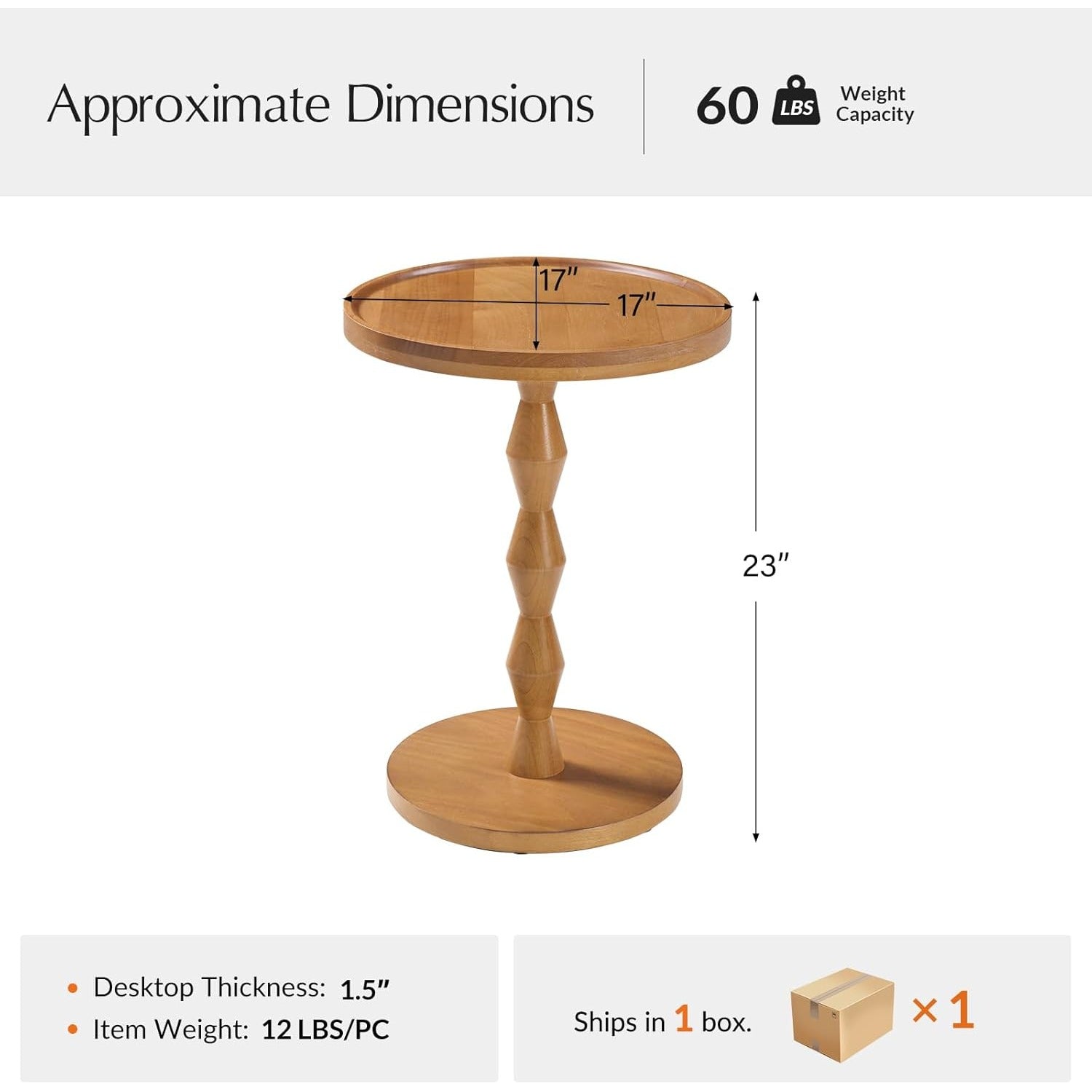 17' Solid Wood Round Side Table, Small Accent Drink Table with Wooden Base, Vintage Coffee Table for Small Spaces, Pedestal End Tables for Living Room, Bedroom, Corners, Office, Patio