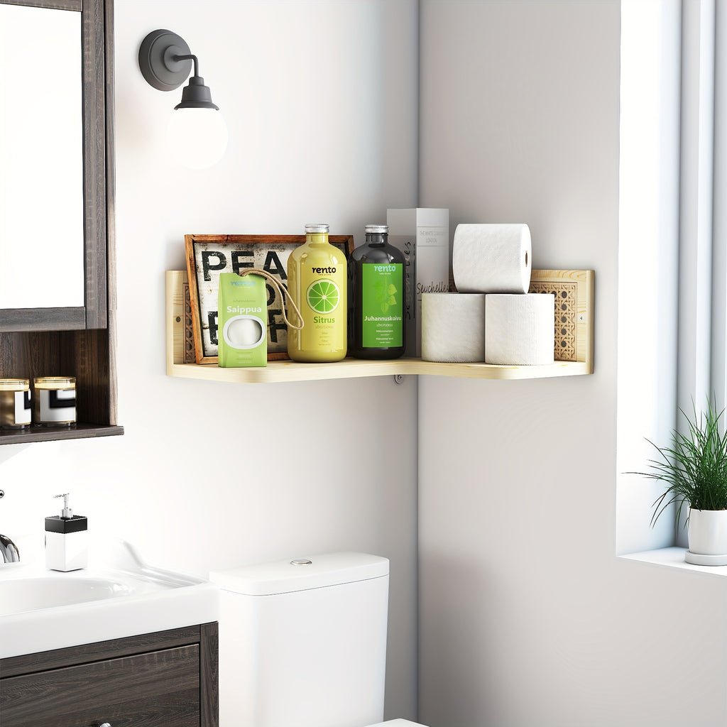 Corner Floating Shelves Made of Natural Pine Wood And Rattan, Perfect for a Bohemian-Style Bookshelf. This Wall-Mounted Wicker Corner Shelf Is Ideal for Your Bedroom, Bathroom, Or Living Room