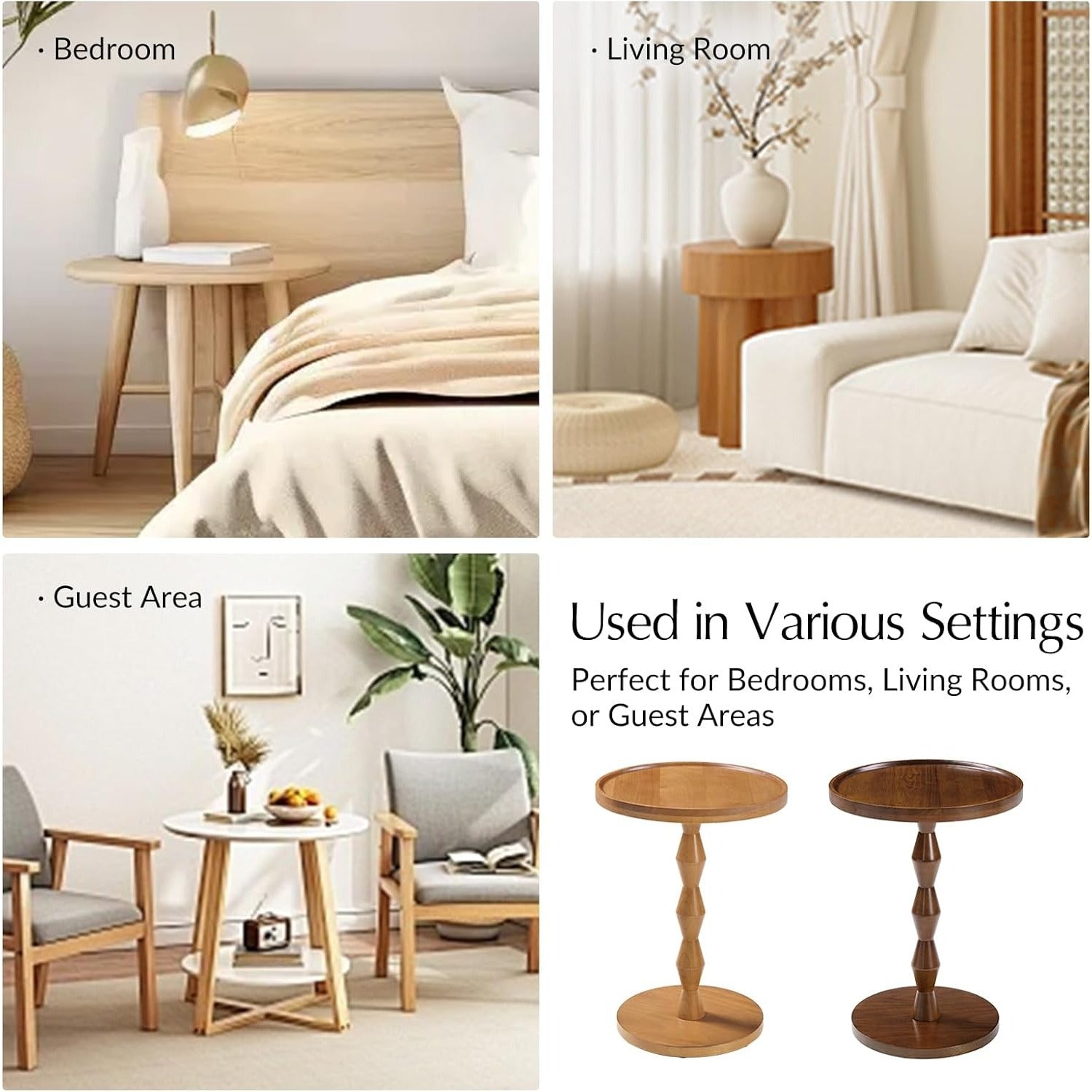 17' Solid Wood Round Side Table, Small Accent Drink Table with Wooden Base, Vintage Coffee Table for Small Spaces, Pedestal End Tables for Living Room, Bedroom, Corners, Office, Patio