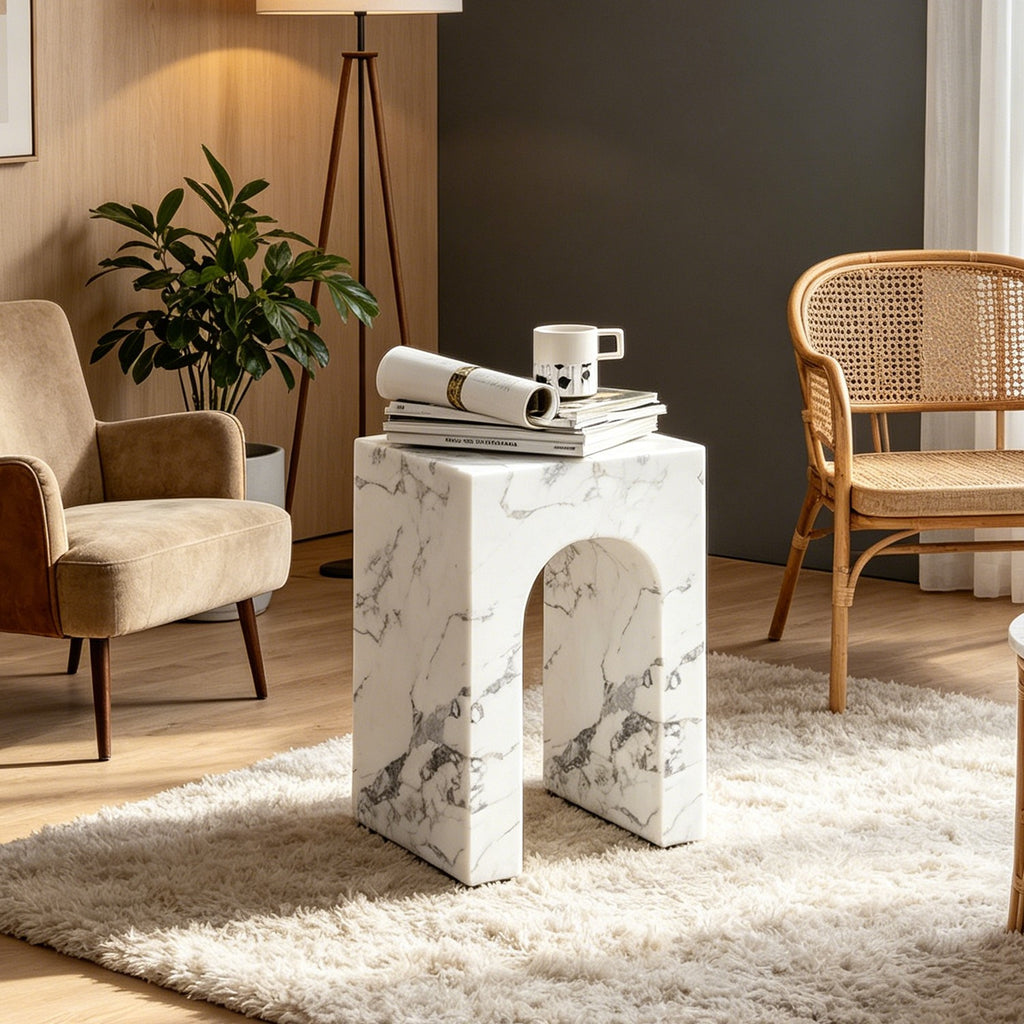 No Assembly Required Modern Round Suitable for Rooms Hollow Arch Faux Marble Square Side Table - Engineered Cementitious Composites Veined Base, Suitable for Bathroom, Sturdy End Table for Living Room, Bedroom, Office Decor