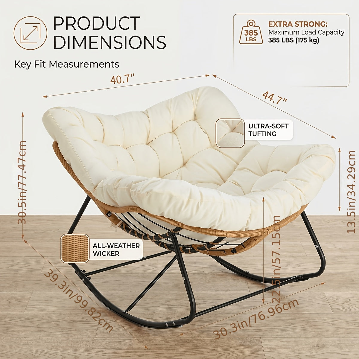 Outdoor Papasan Rocking Chair, Oversized Padded Lounge Rocker with Cushion, Comfy Wicker Egg Lounge Chair, Large Outdoor Rocking Recliner for Garden, Patio(Outdoor Only