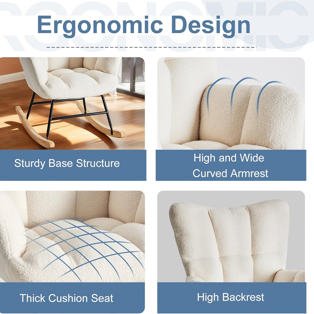 Teddy Upholstered Rocking Chair, Comfy Glider Rocker with High Backrest& Padded Seat, Soft Armchair with Plush Teddy Fabric, Accent Side Chair for Living Room, Bedroom, Office& Small Spaces Indoor