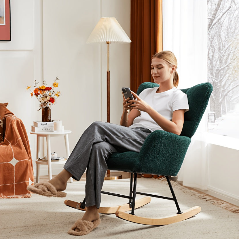 Teddy Upholstered Rocking Chair, Comfy Glider Rocker with High Backrest& Padded Seat, Soft Armchair with Plush Teddy Fabric, Accent Side Chair for Living Room, Bedroom, Office& Small Spaces Indoor