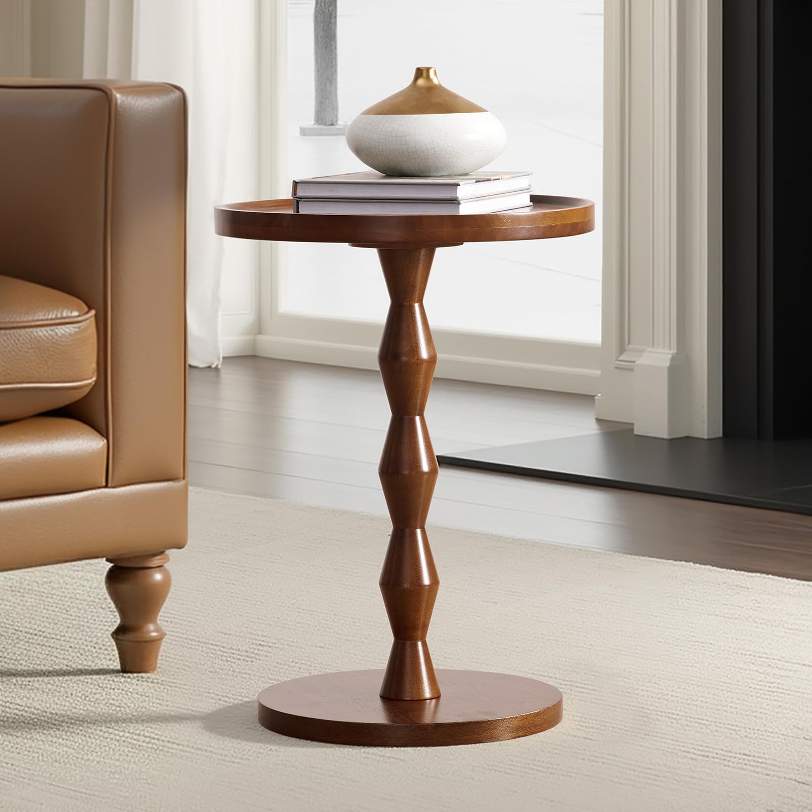 17' Solid Wood Round Side Table, Small Accent Drink Table with Wooden Base, Vintage Coffee Table for Small Spaces, Pedestal End Tables for Living Room, Bedroom, Corners, Office, Patio