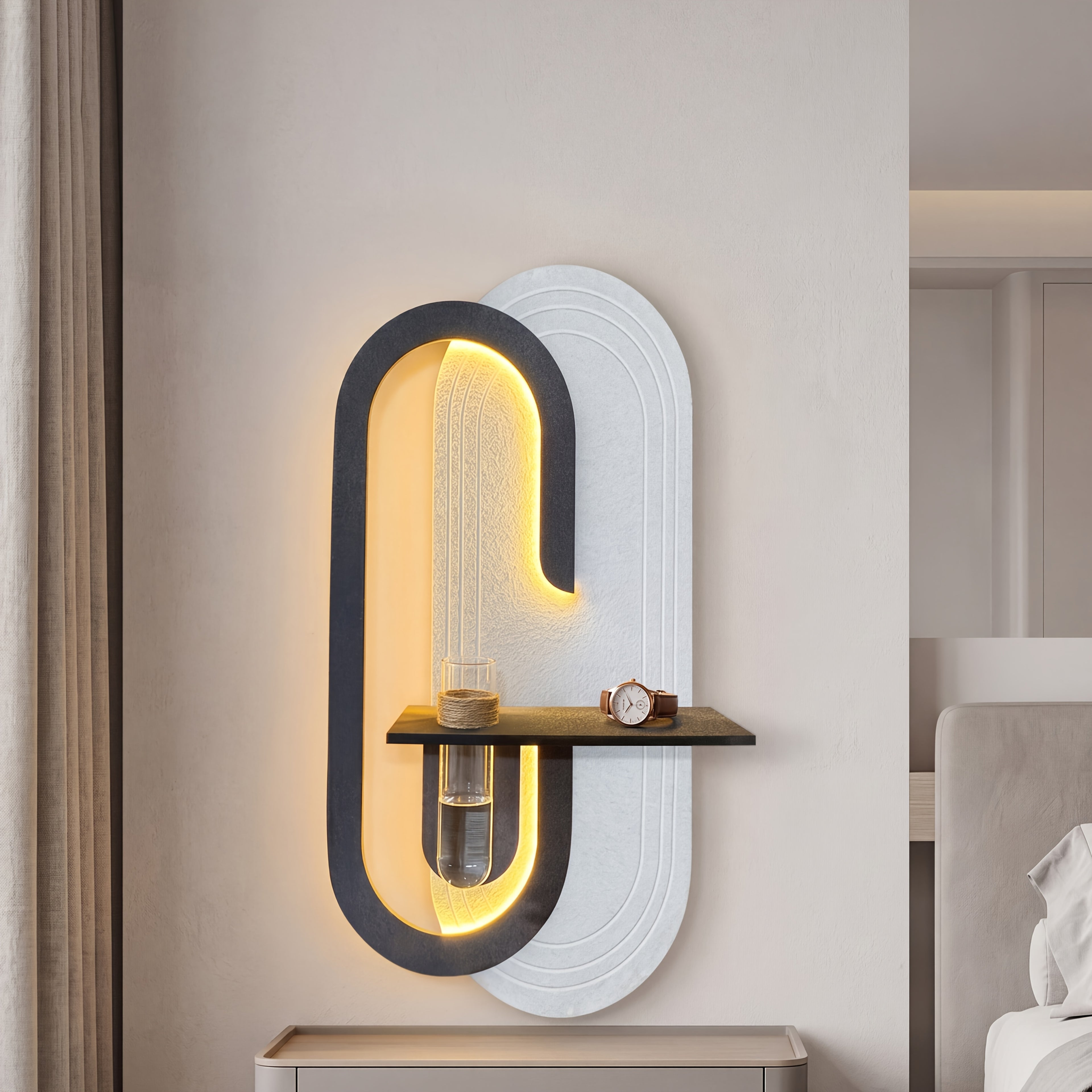 Hand-polished Textured LED Wall Art, Integrated with a Shelf and Vase | Exclusive Design Crafted Specifically for Art-modern Style Interior Design | Minimalist LED Wall Sculpture with a Floating Planter Shelf | Unique Geometric Decor That Elevates