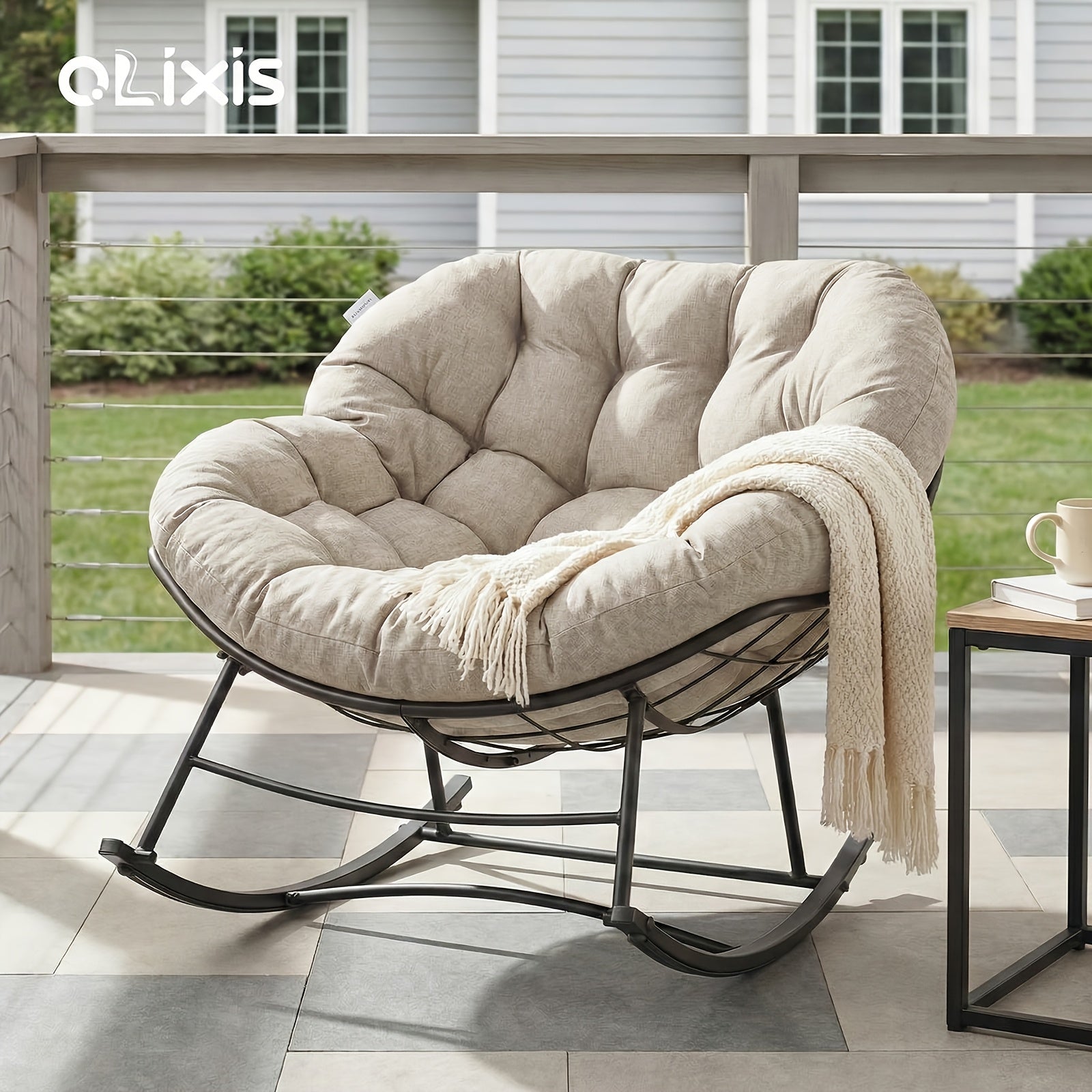 Outdoor Rocking Chair, Patio Egg Chair, Comfy Oversized Papasan Chair with Padded Cushion Outdoor Solely