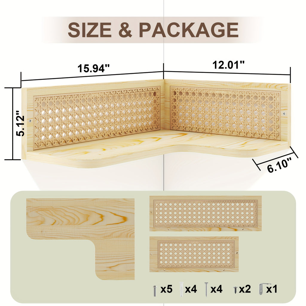 Corner Floating Shelves Made of Natural Pine Wood And Rattan, Perfect for a Bohemian-Style Bookshelf. This Wall-Mounted Wicker Corner Shelf Is Ideal for Your Bedroom, Bathroom, Or Living Room