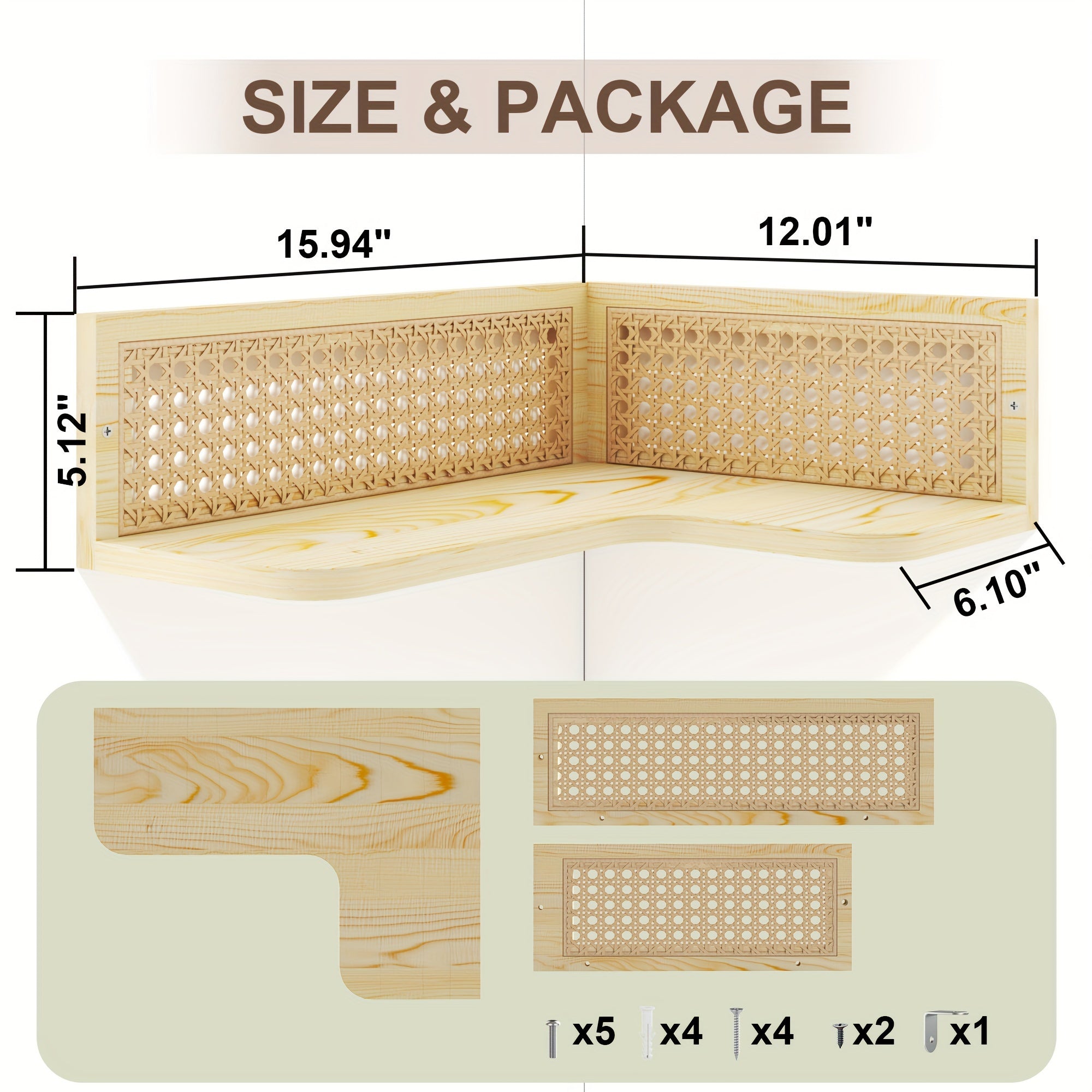 Corner Floating Shelves Made of Natural Pine Wood And Rattan, Perfect for a Bohemian-Style Bookshelf. This Wall-Mounted Wicker Corner Shelf Is Ideal for Your Bedroom, Bathroom, Or Living Room