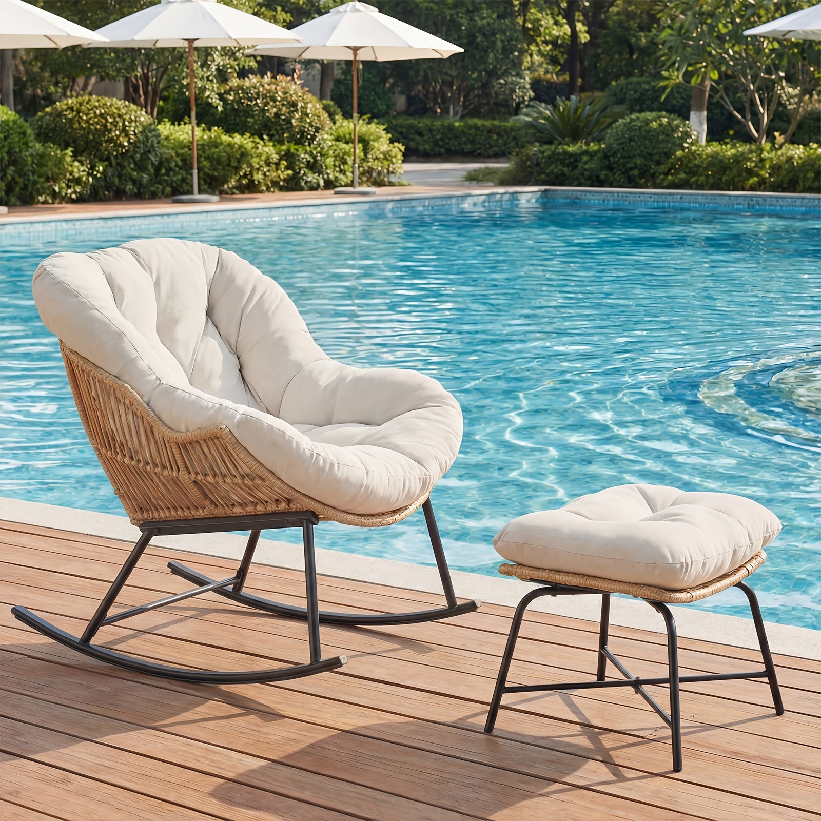 Oversized Papasan Rocking Chair with Footstool, Outdoor Patio Cushioned Lounge Chair for Decks, Gardens, Patios, And Camping. Outdoor Patio Furniture. Chair Supports 400 Lbs, Footstool Supports 220 Lbs. Outdoor Patio Furniture