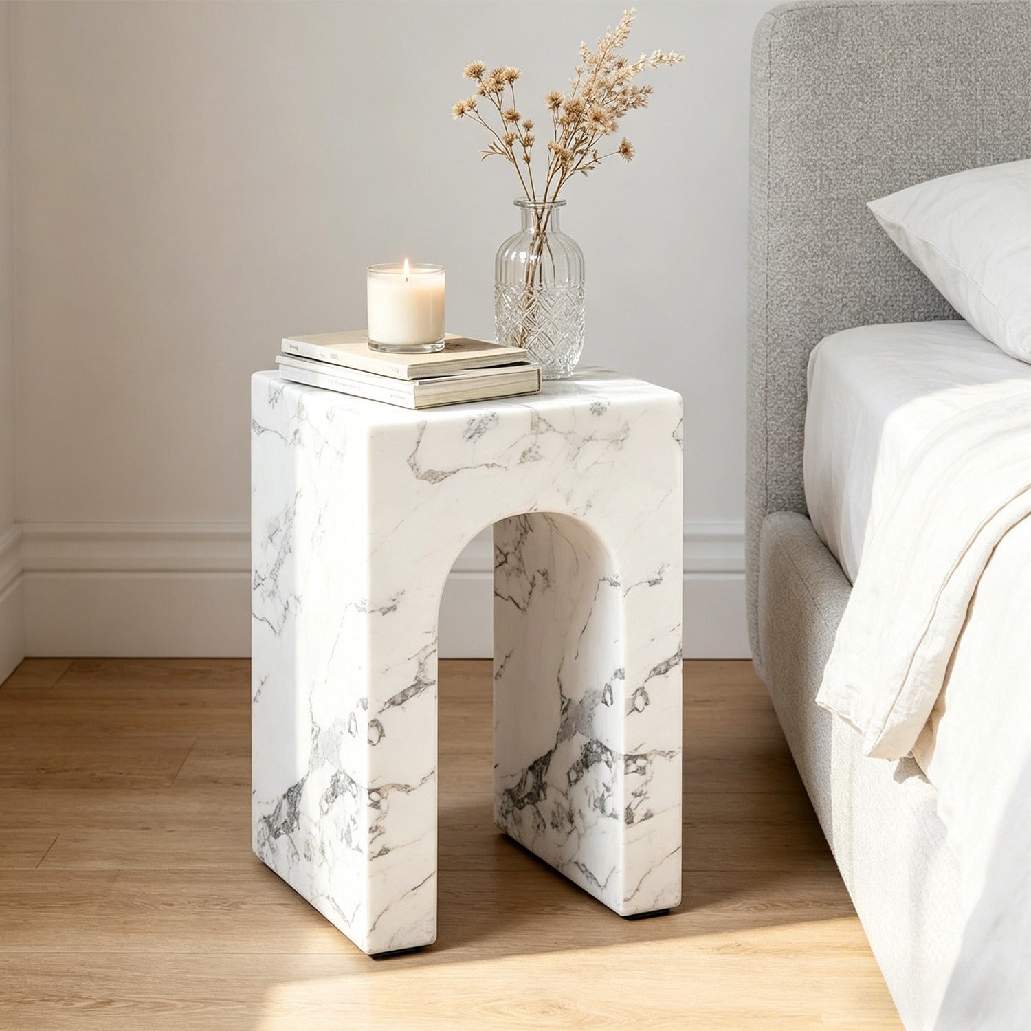 No Assembly Required Modern Round Suitable for Rooms Hollow Arch Faux Marble Square Side Table - Engineered Cementitious Composites Veined Base, Suitable for Bathroom, Sturdy End Table for Living Room, Bedroom, Office Decor