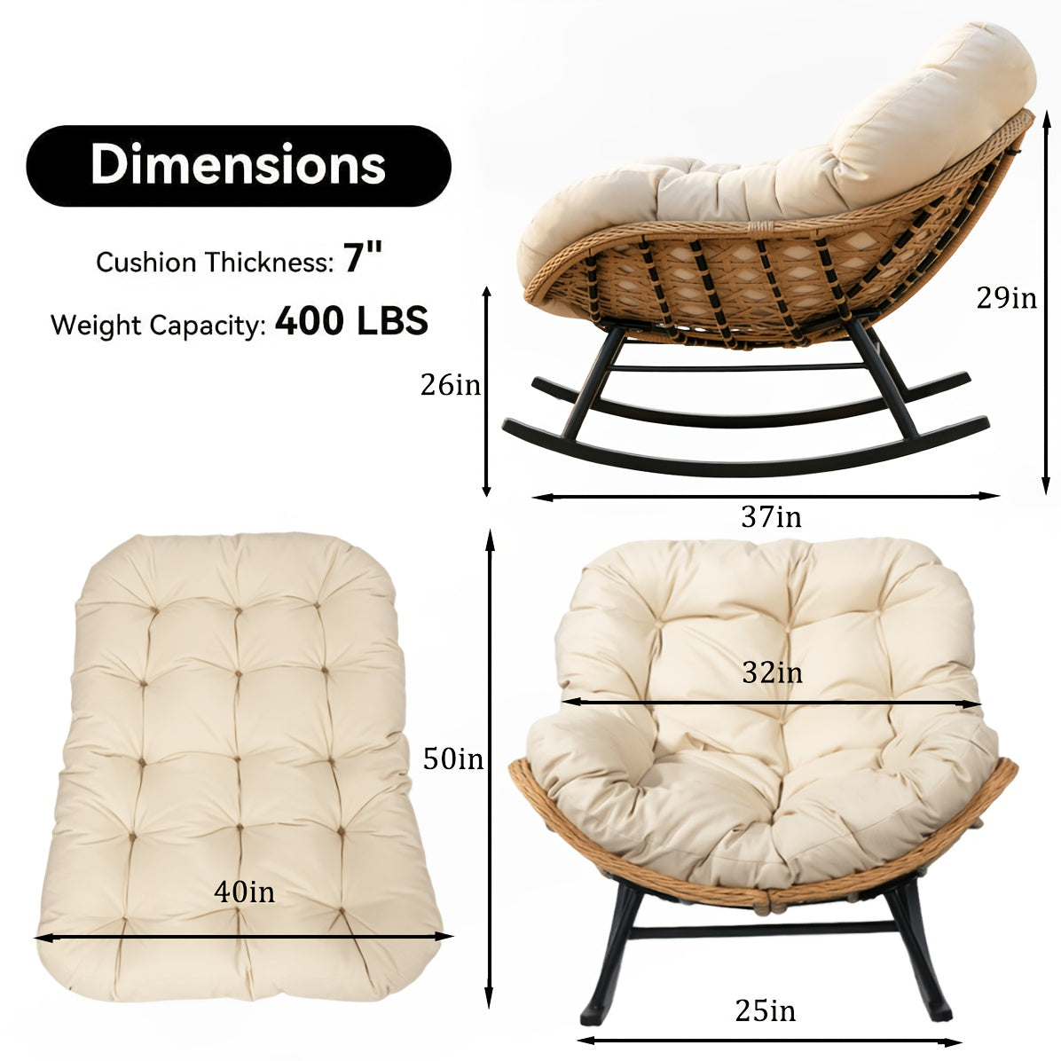 Papasan Full Rattan Rocking Chair with Sponge Cushion for Outdoor, Oversized Garden Patio Comfy Lounge Wicker Rocker Chair