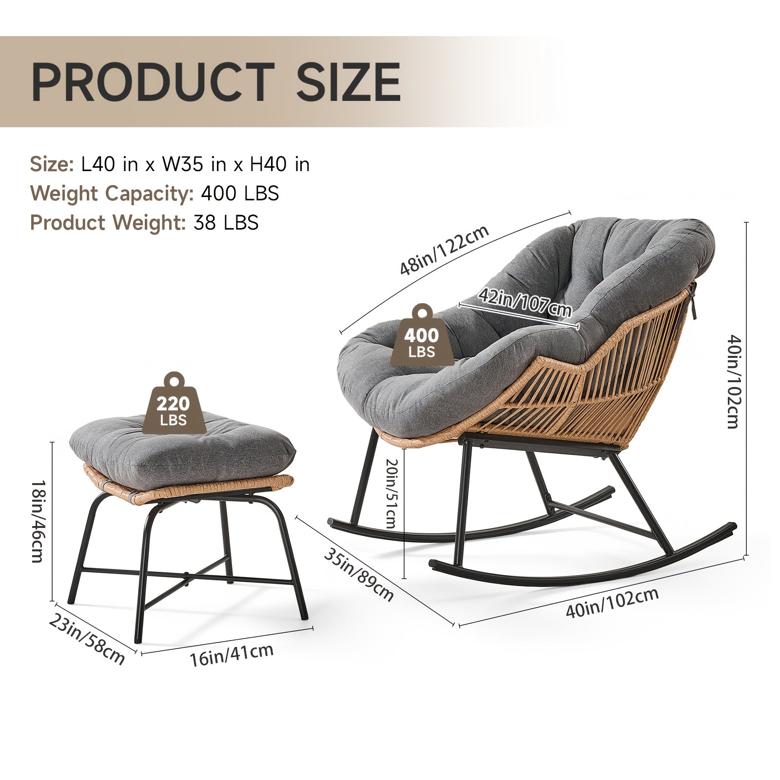 Oversized Papasan Rocking Chair with Footstool, Outdoor Patio Cushioned Lounge Chair for Decks, Gardens, Patios, And Camping. Outdoor Patio Furniture. Chair Supports 400 Lbs, Footstool Supports 220 Lbs. Outdoor Patio Furniture