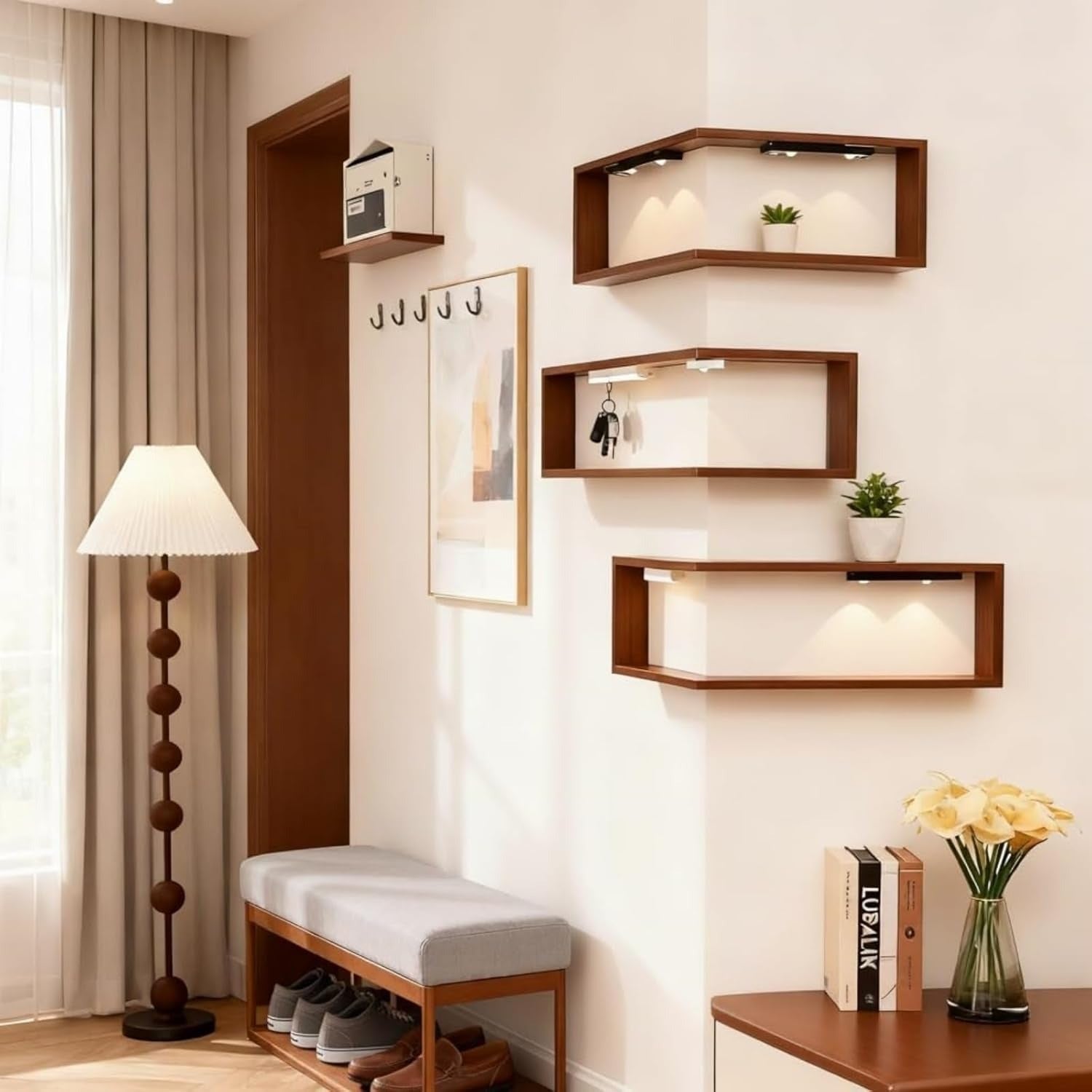 Corner Storage Rack, a Floating Storage Rack That Brightens Up The Corner of The Space, Wooden Wall-Mounted Corner Display Rack, Space-Saving Set, Available in Multiple Sizes (3pcs Set Or Single Piece Without Lights)