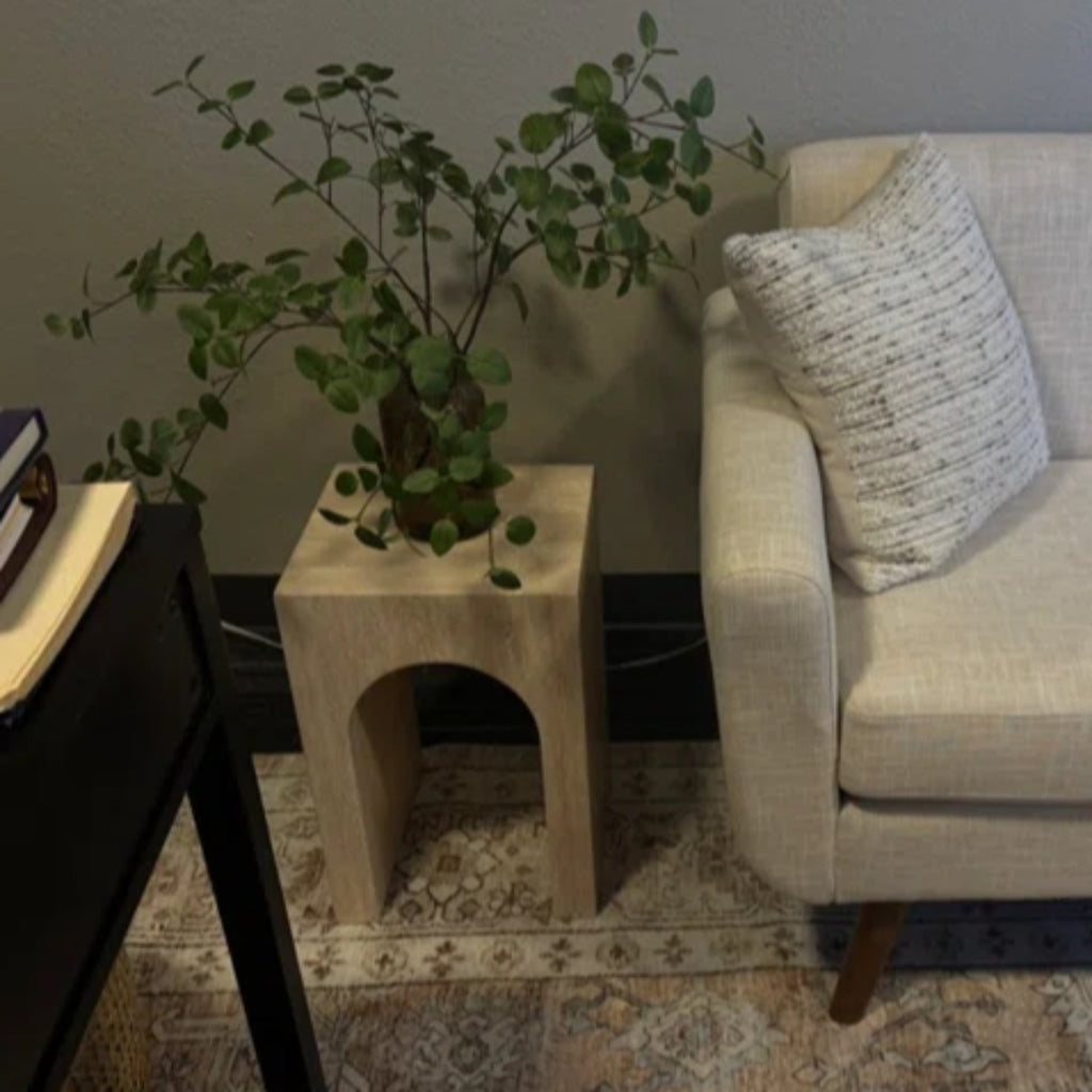 No Assembly Required Modern Round Suitable for Rooms Hollow Arch Faux Marble Square Side Table - Engineered Cementitious Composites Veined Base, Suitable for Bathroom, Sturdy End Table for Living Room, Bedroom, Office Decor