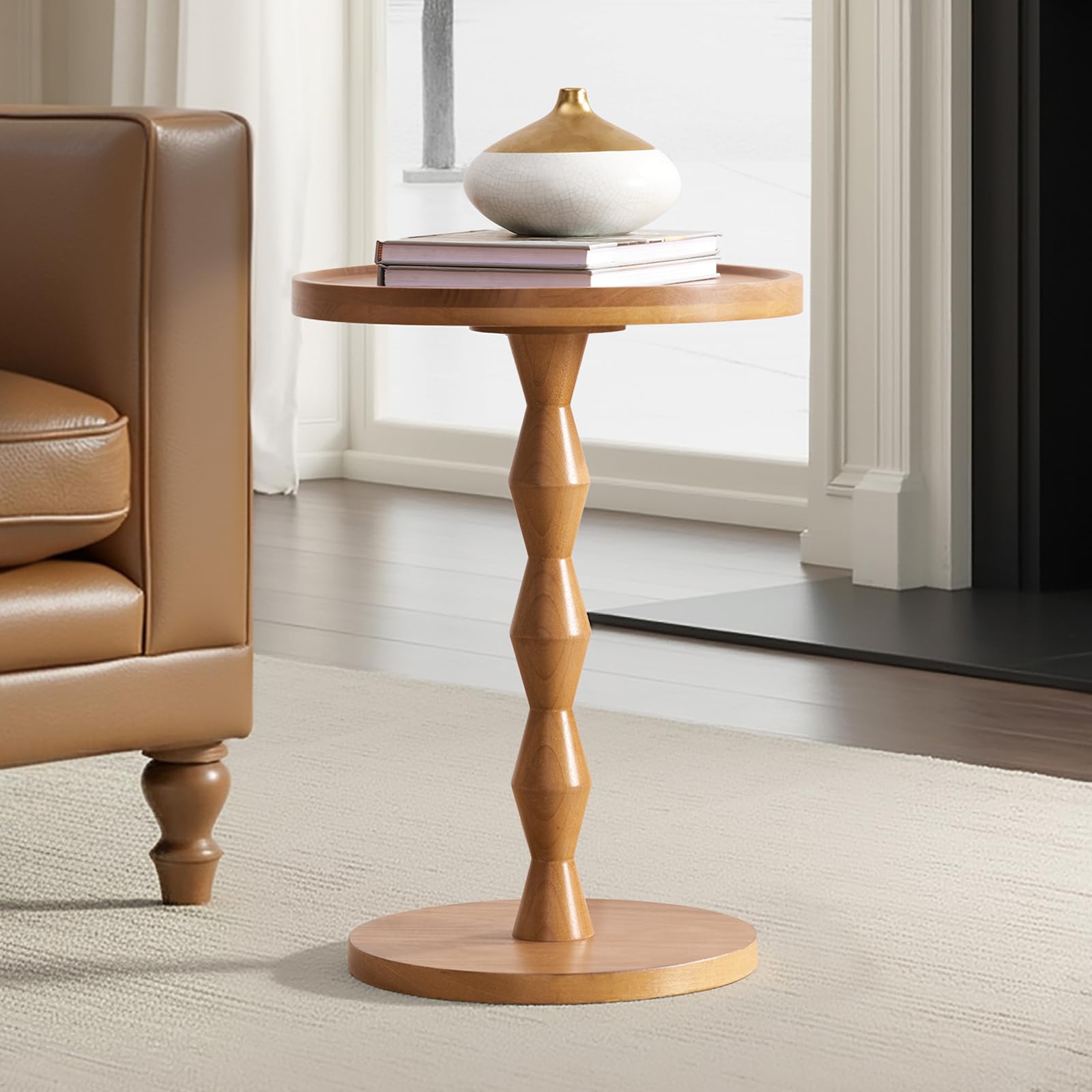 17' Solid Wood Round Side Table, Small Accent Drink Table with Wooden Base, Vintage Coffee Table for Small Spaces, Pedestal End Tables for Living Room, Bedroom, Corners, Office, Patio