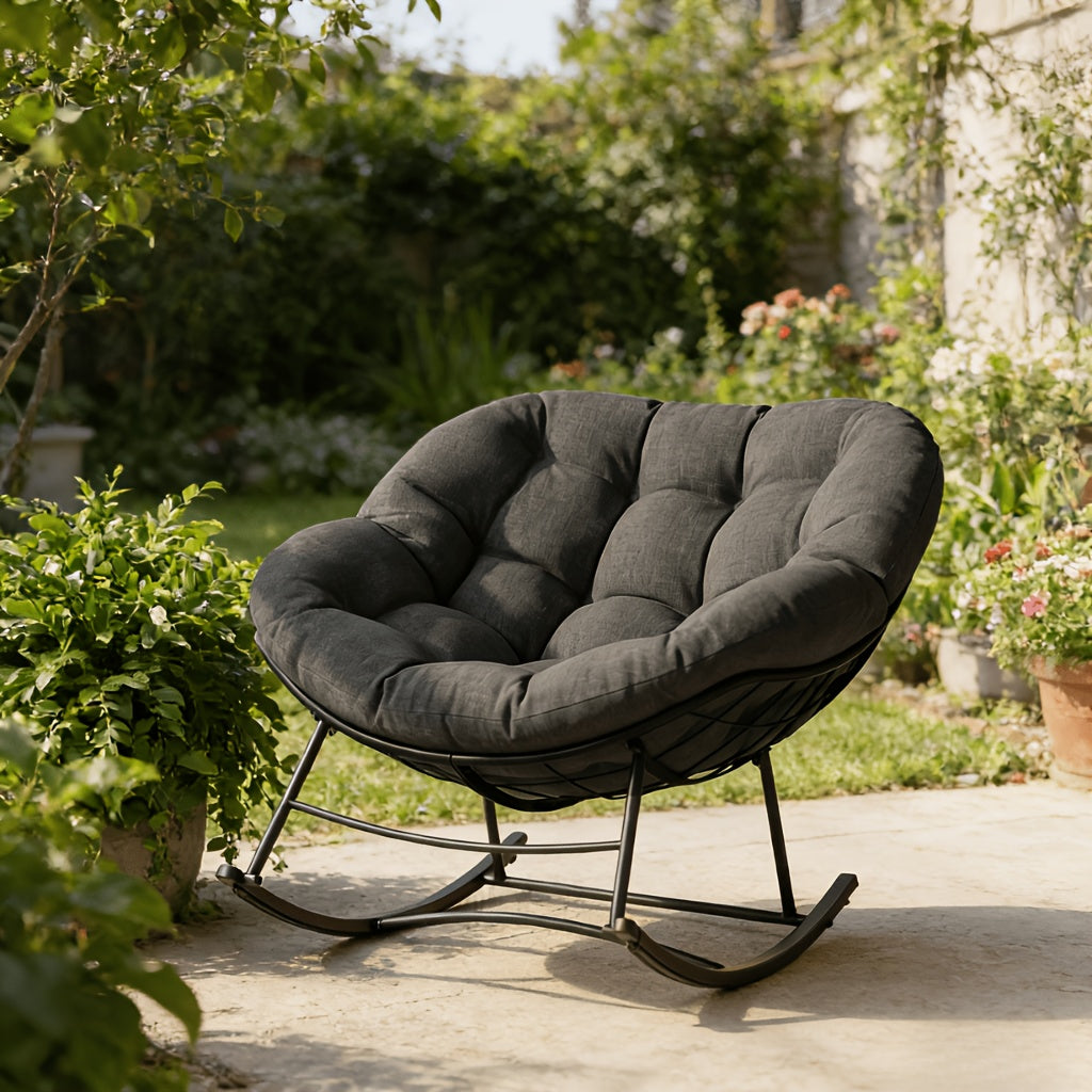Outdoor Rocking Chair, Patio Egg Chair, Comfy Oversized Papasan Chair with Padded Cushion Outdoor Solely