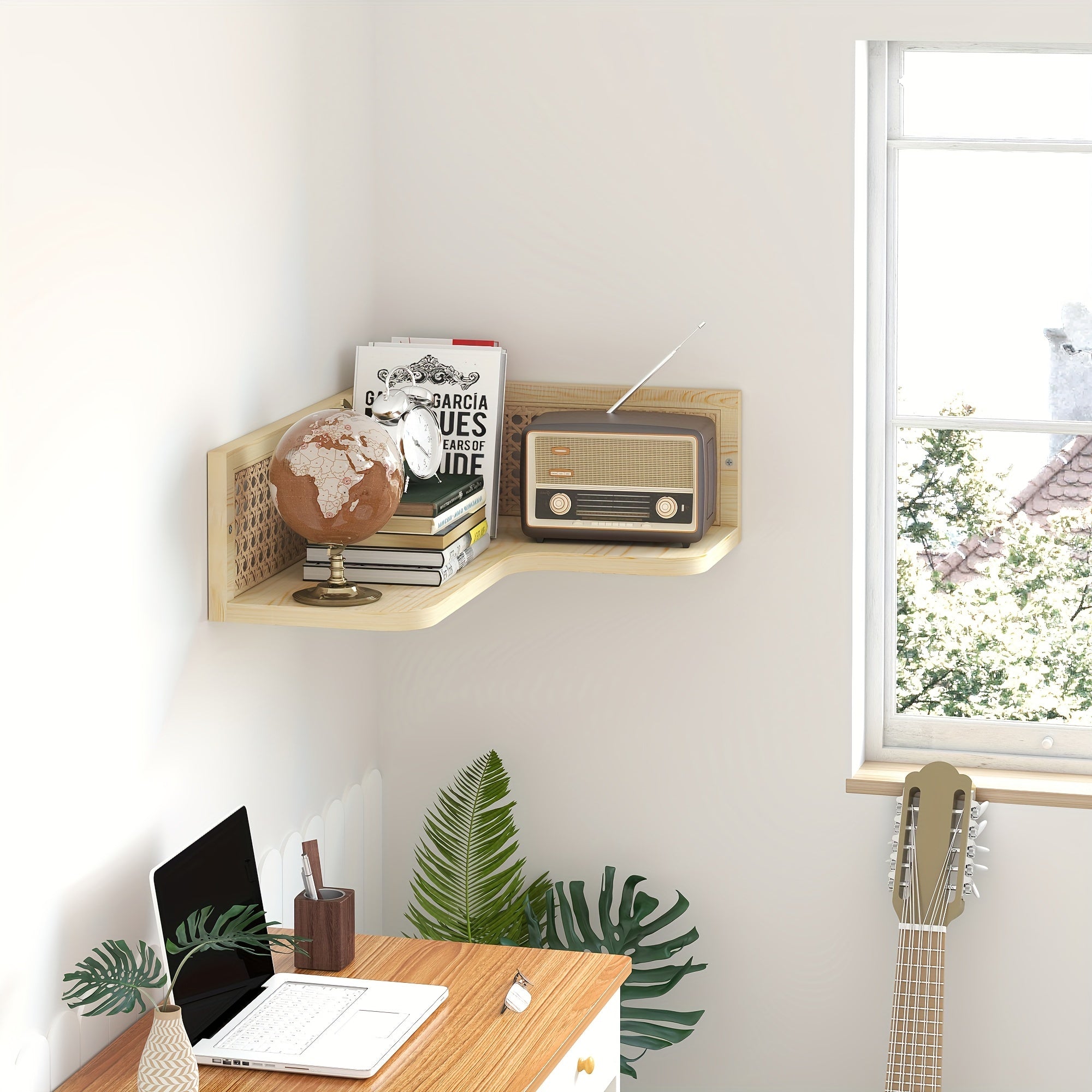 Corner Floating Shelves Made of Natural Pine Wood And Rattan, Perfect for a Bohemian-Style Bookshelf. This Wall-Mounted Wicker Corner Shelf Is Ideal for Your Bedroom, Bathroom, Or Living Room