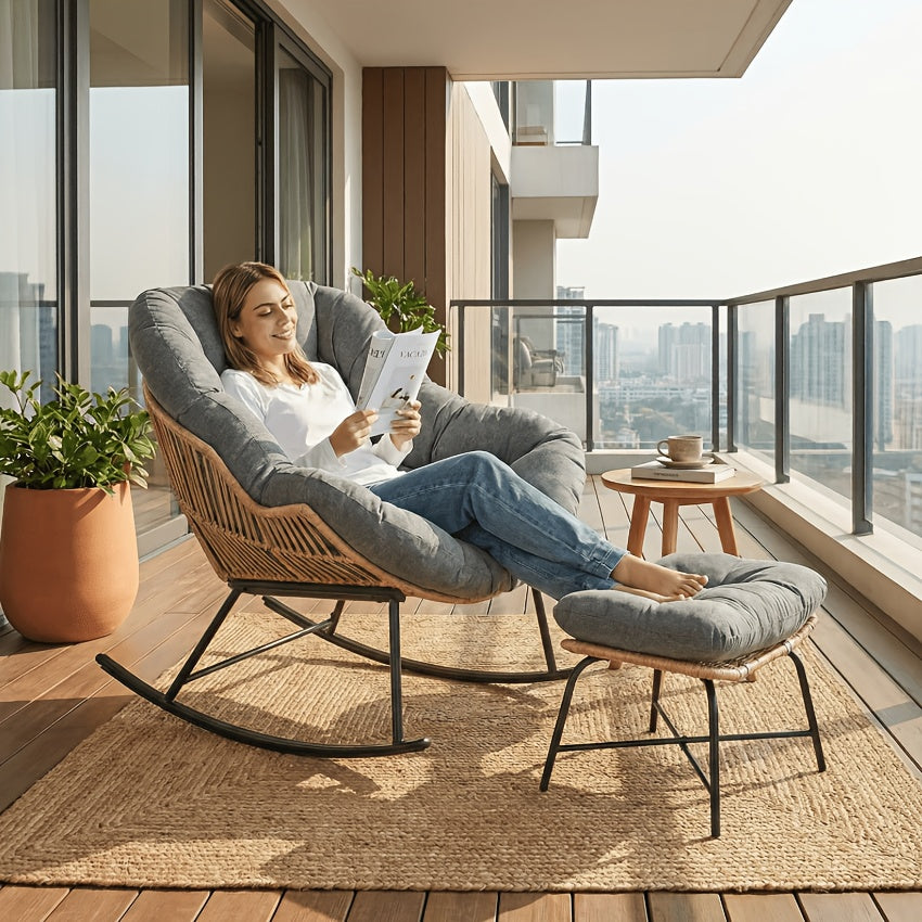 Oversized Papasan Rocking Chair with Footstool, Outdoor Patio Cushioned Lounge Chair for Decks, Gardens, Patios, And Camping. Outdoor Patio Furniture. Chair Supports 400 Lbs, Footstool Supports 220 Lbs. Outdoor Patio Furniture