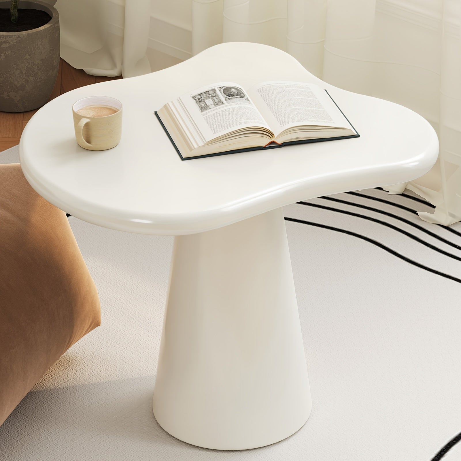 Cloud Shape Side Table, Irregular Cloud Small End Table with Cone Base, Cream White Accent Table for Living Room Bedroom Sofa Corner